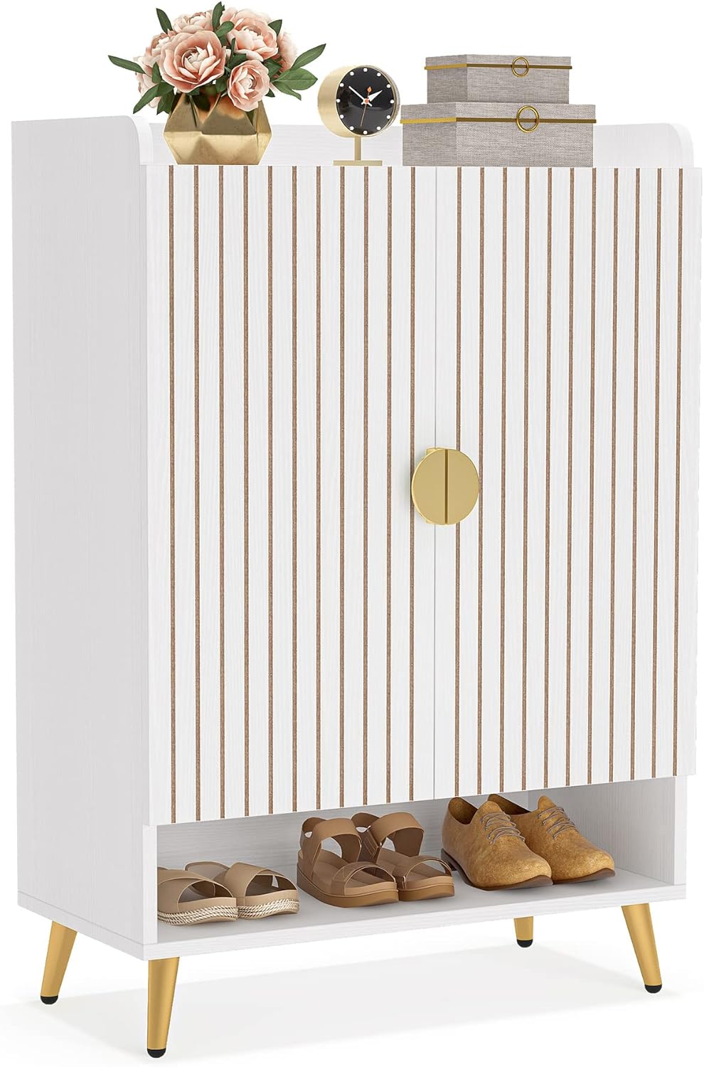 Tribesigns Shoe Cabinet with Doors, 6-Tier Shoe Storage Cabinet with Adjustable Shelves, Wooden Shoes Rack Shoe Storage Organizer for Entryway, Hallway, Closet, Living Room, White & Gold - Image 8