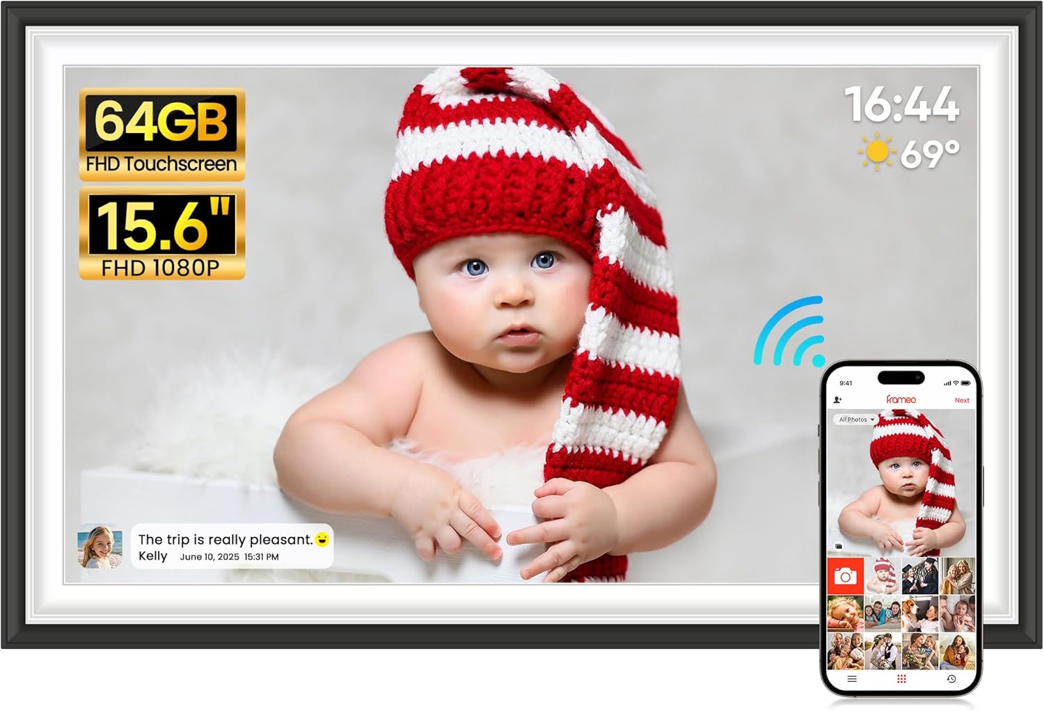 Frameo 15.6 Inch WiFi Digital Photo Frame, 1920x1080 FHD IPS Touch Screen Electronic Picture Frame, 64GB Memory, Auto-Rotate, Wall Mountable, Share Photos/Videos Instantly via Frameo from Anywhere
