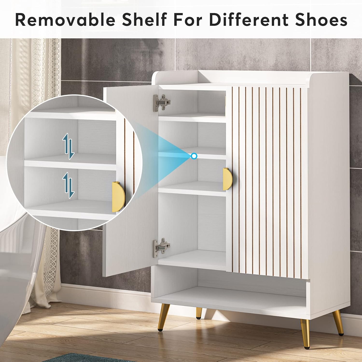 Tribesigns Shoe Cabinet with Doors, 6-Tier Shoe Storage Cabinet with Adjustable Shelves, Wooden Shoes Rack Shoe Storage Organizer for Entryway, Hallway, Closet, Living Room, White & Gold - Image 7