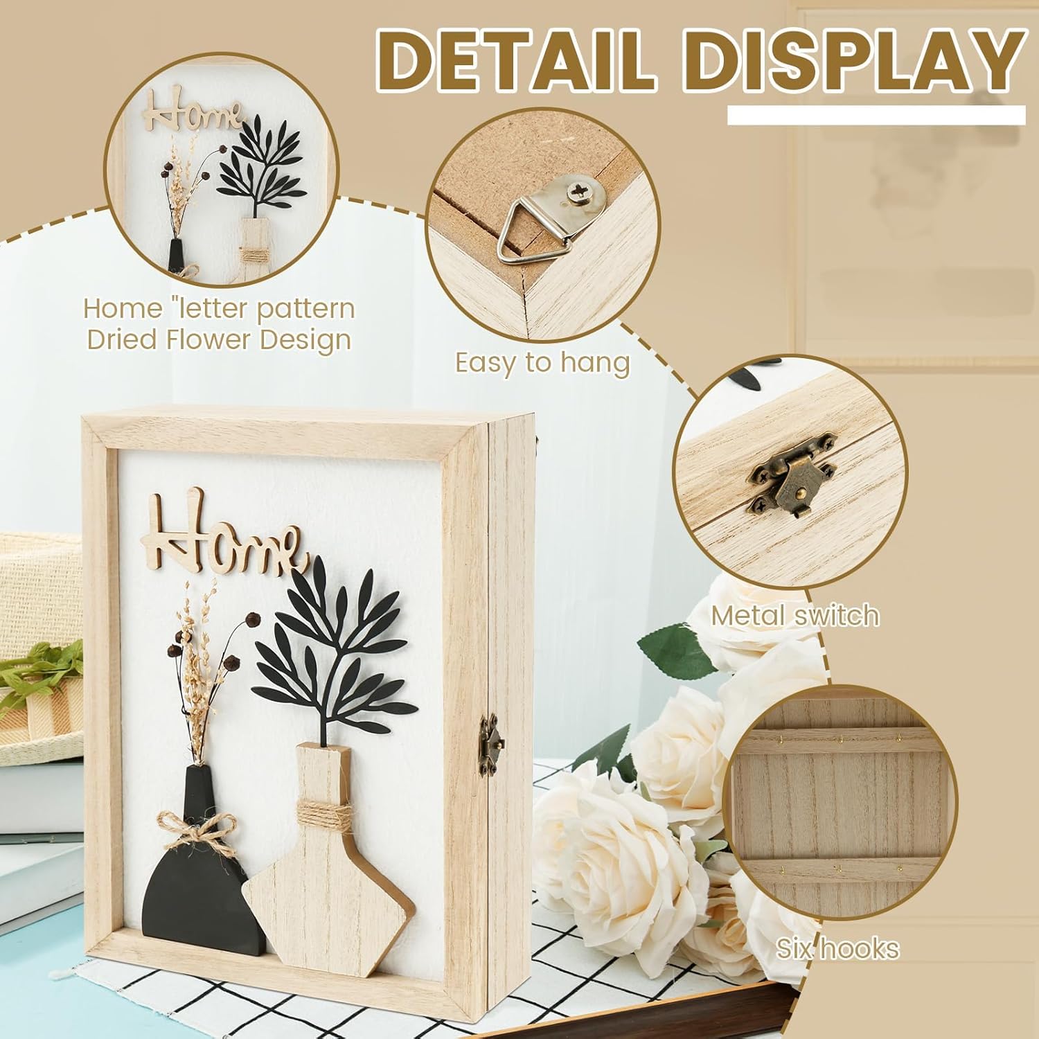 Wooden Key Holder For Wall,Decorative Key Box Wall Mount, Wood Key Box Farmhouse Key Rack, 6 Key Hooks Hanger, Key Cabinet Home Decoration Accessories For Entryway Office And Home (Home) - Image 3
