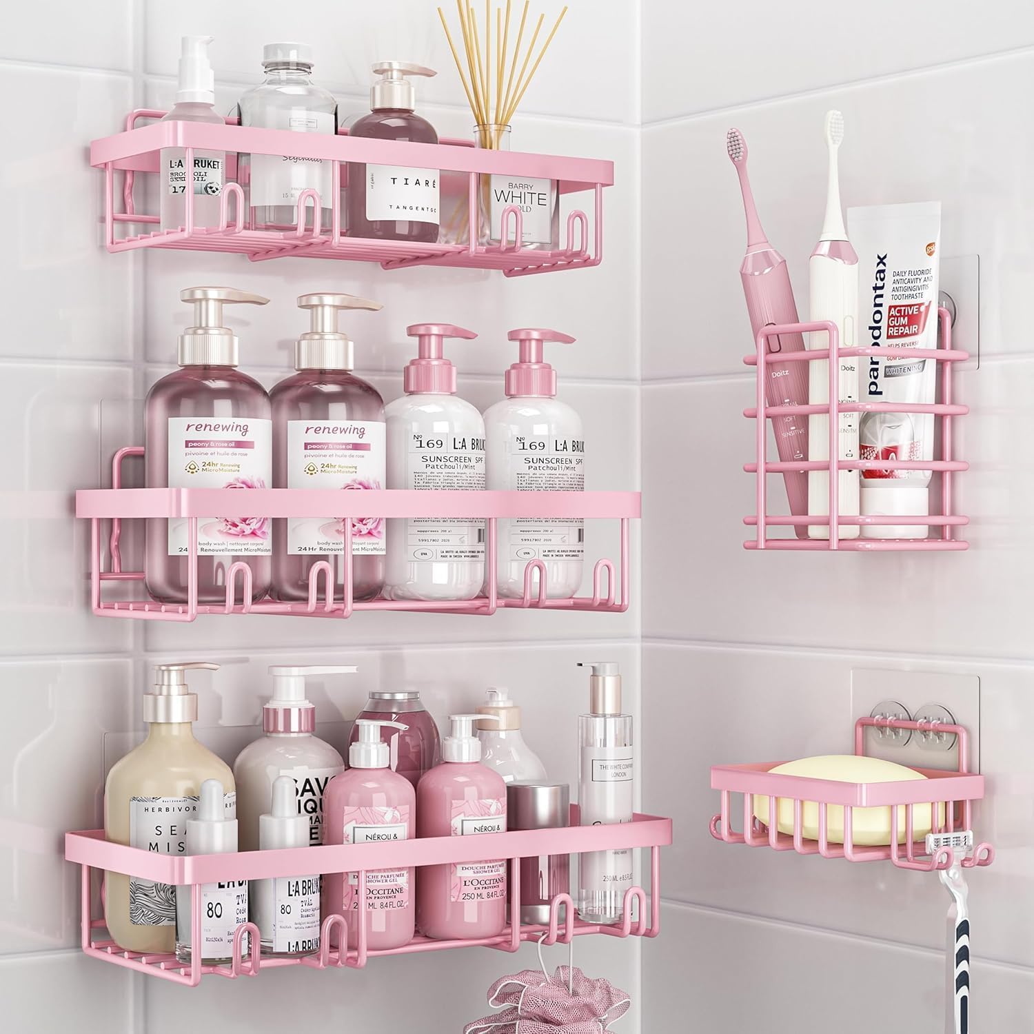 Rustproof & Waterproof Shower Caddy 5-Pack, No Drilling Adhesive Shelves Rack with Soap Holder, Large Capacity Bathroom Organizers and Storage, Girly Bathroom Accessory Decor Set, Pink