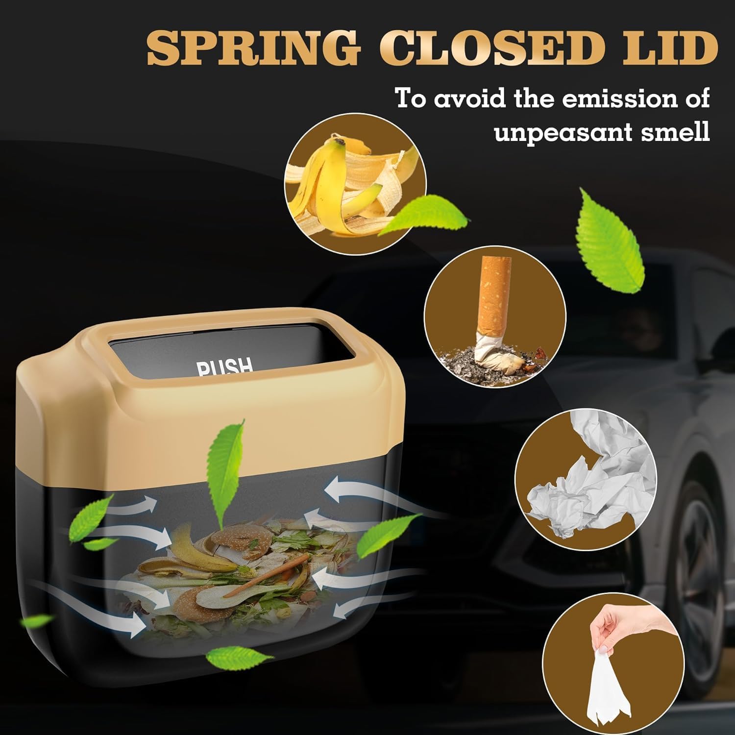 Azonee Car Trash Can with Lid, Built-in Storage Garbage Bag, Leakproof Vehicle Trash, Car Accessories for Interior, Mini Garbage Bin for Automotive Home Office Kitchen Bedroom with 30pcs Trash Bags - Image 2