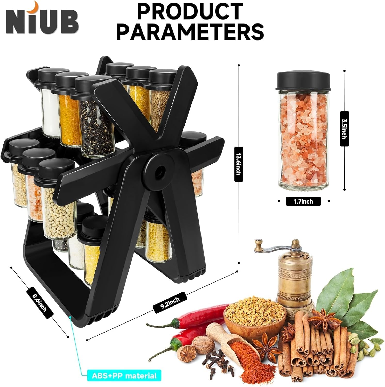 Rotating Spice Rack, Revolving Ferris Wheel Countertop Spice Organization with 18 Plastic Spice Jars, Countertop Spice Storage Rack for Families Kitchen - Image 2