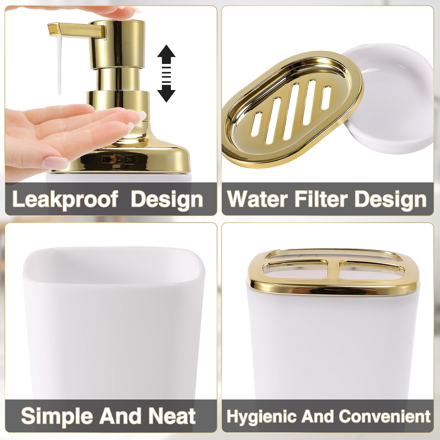 White Bathroom Accessories Set 8 Piece White and Gold Bathroom Set, Bathroom Sets with Stainless Steel Trash Can,Toilet Brush,Toothbrush Set,Soap Dispenser - Image 2