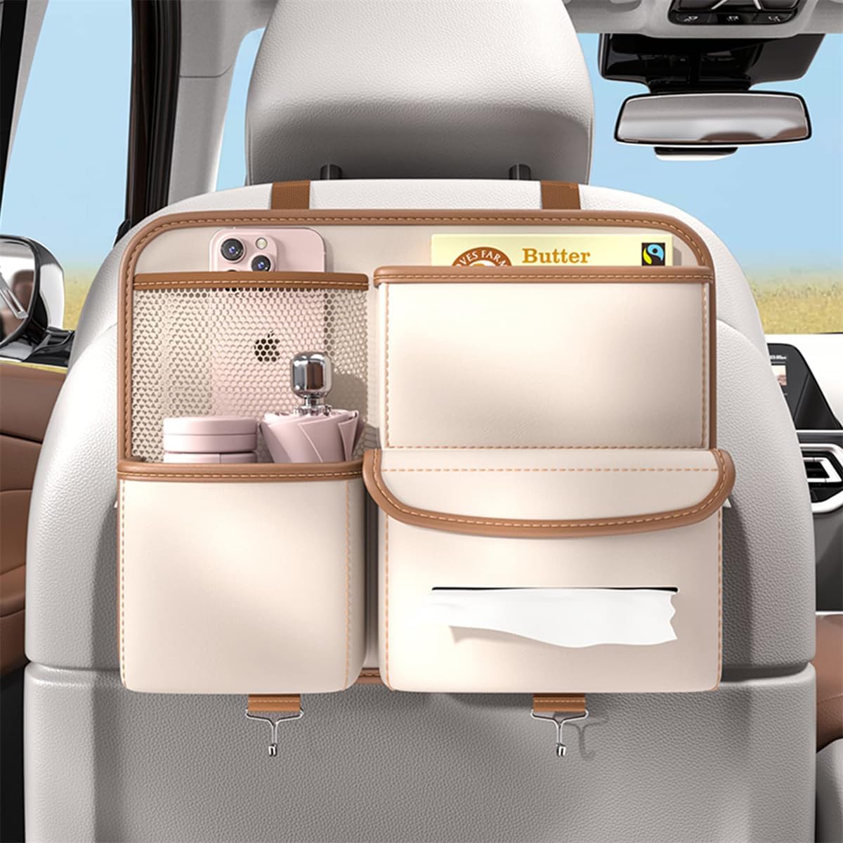 TERRIFI Backseat Organizer, Hanging Storage Bag, Travel Accessories, PU Leather, Compatible With Most Vehicles, Inner Car Accessories
