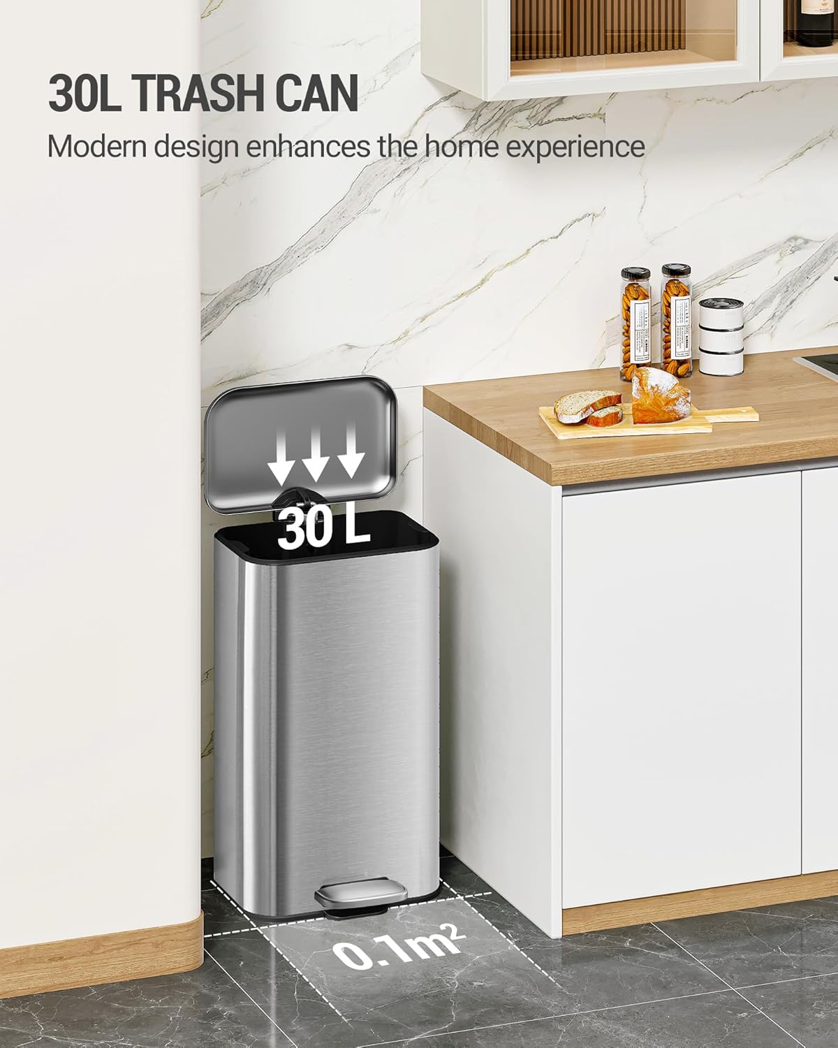 Hzuaneri Kitchen Trash Can, 30 Liter Pedal Bin with Soft-Close Lid and Inner Bucket, Includes 15 Trash Bags, Steel, Silver ASW13099B - Image 3