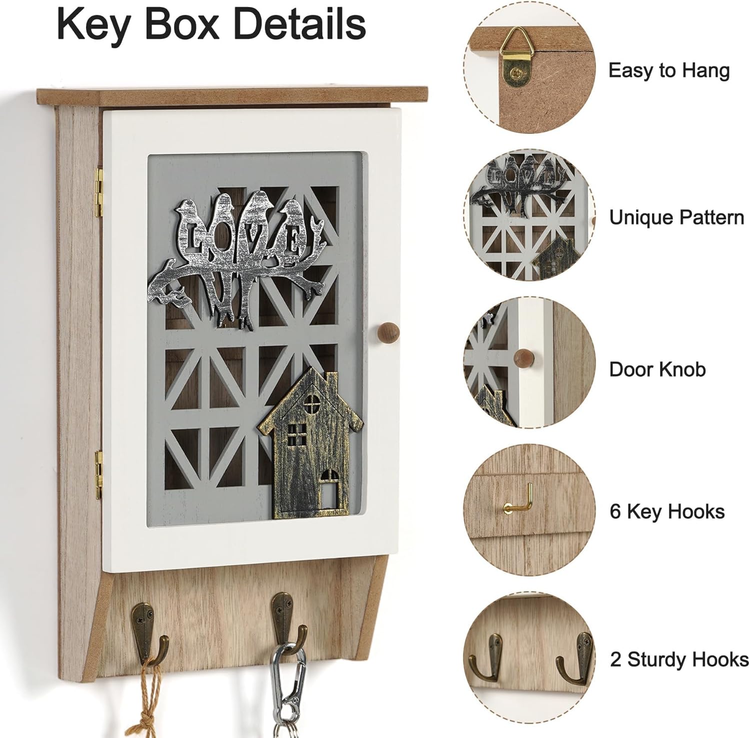 Azonee Wooden Key Holder for Wall, Key Cabinet Rustic Decorative Key Storage Box Key Hangers with 8 Hooks for Home Decor Office Entryway Hallway Bedroom Living Room - Image 6