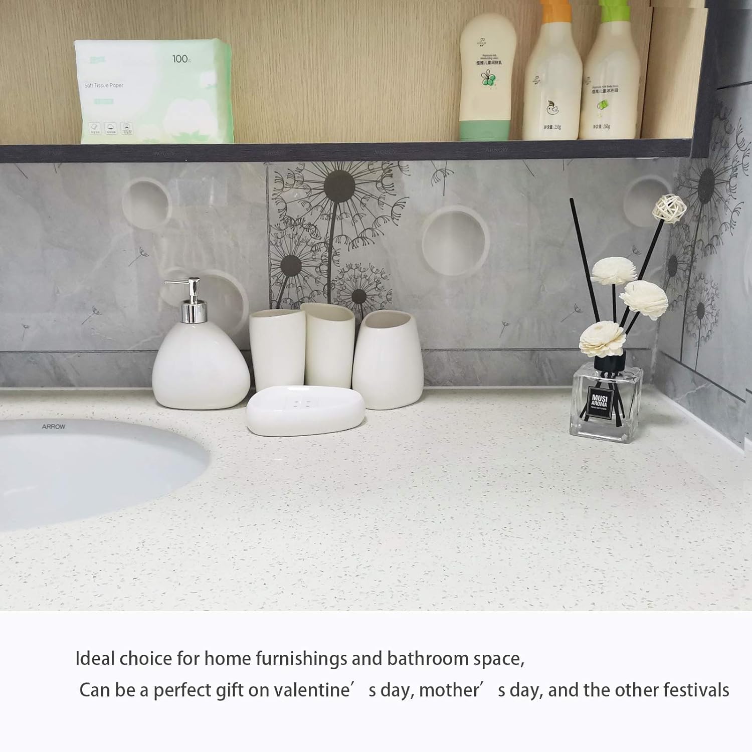 White Ceramic Bathroom Accessory Set, Bathroom Vanity Countertop Set, Bathroom Soap Dispenser and Toothbrush Holder Set Complete, 2 Tumbler Cup, Soap Dish, 5 Pieces - Image 4