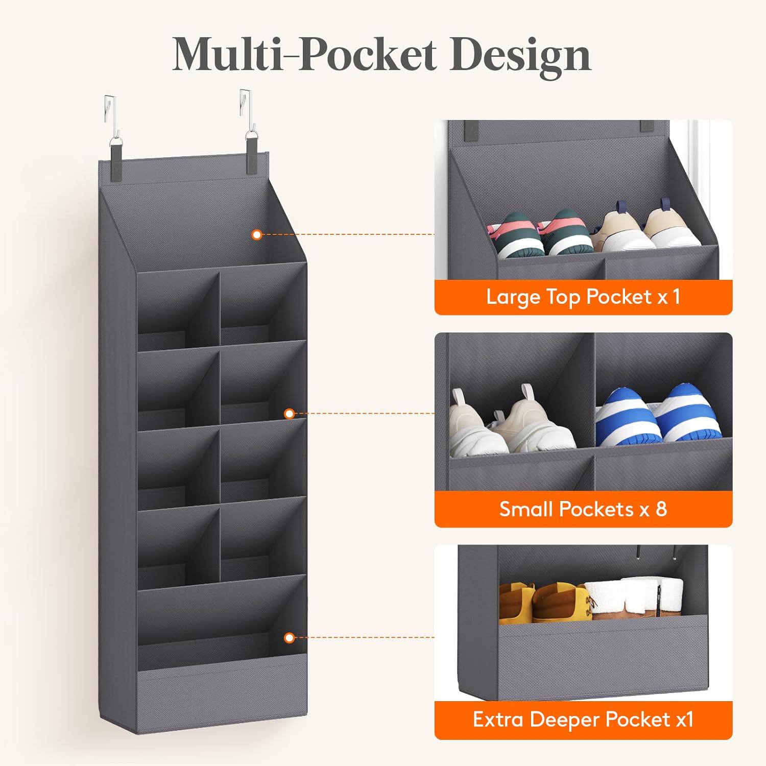 Lifewit Over the Door Shoe Organizers, 1 Pack Hanging Shoe Rack with 11 Pockets, 5 Layers Shoe Holder for Closet Door Storage Includes Boots, Toys, Water Bottles, Daily Necessities, Grey - Image 6
