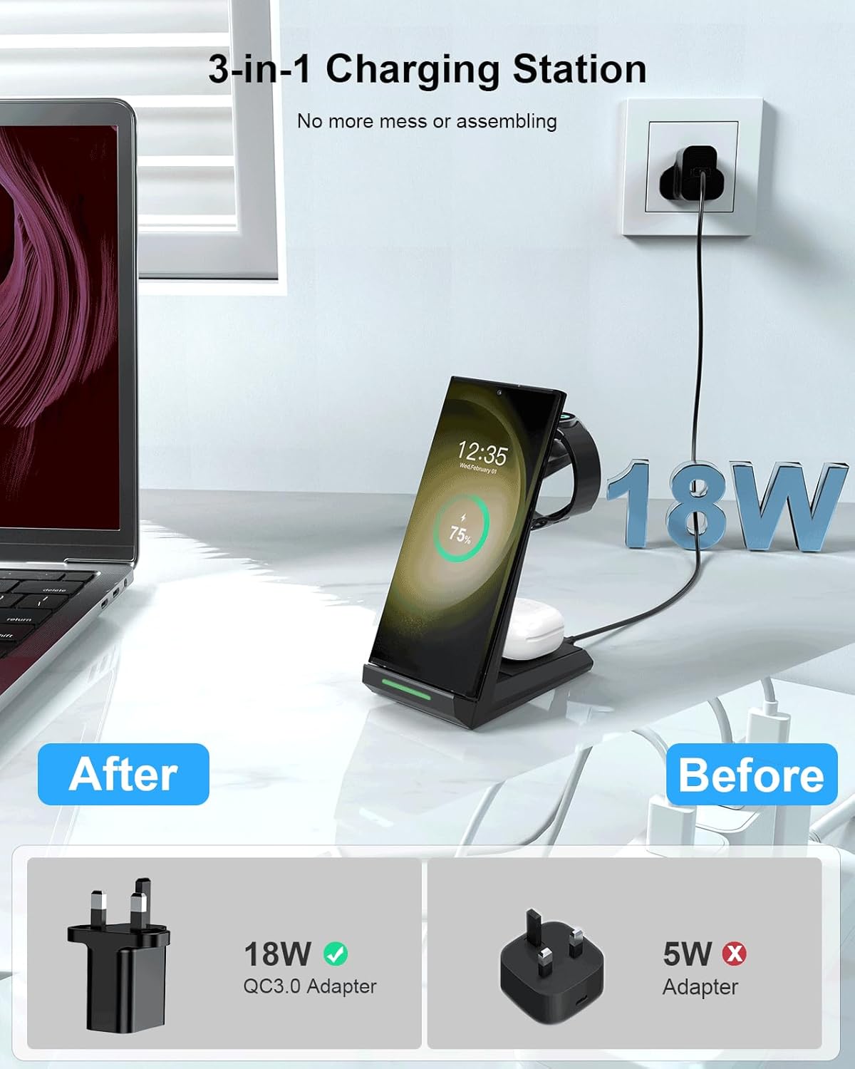 NANAMI Wireless Charger for Samsung - 3 in 1 Charging Station for Multiple Devices, Fast Charger Stand for Galaxy S25 S24 S23 S22 S21 Ultra Z Flip Fold 4, Galaxy Watch 6/5/5 Pro/4/3, Galaxy Buds 2 Pro - Image 4