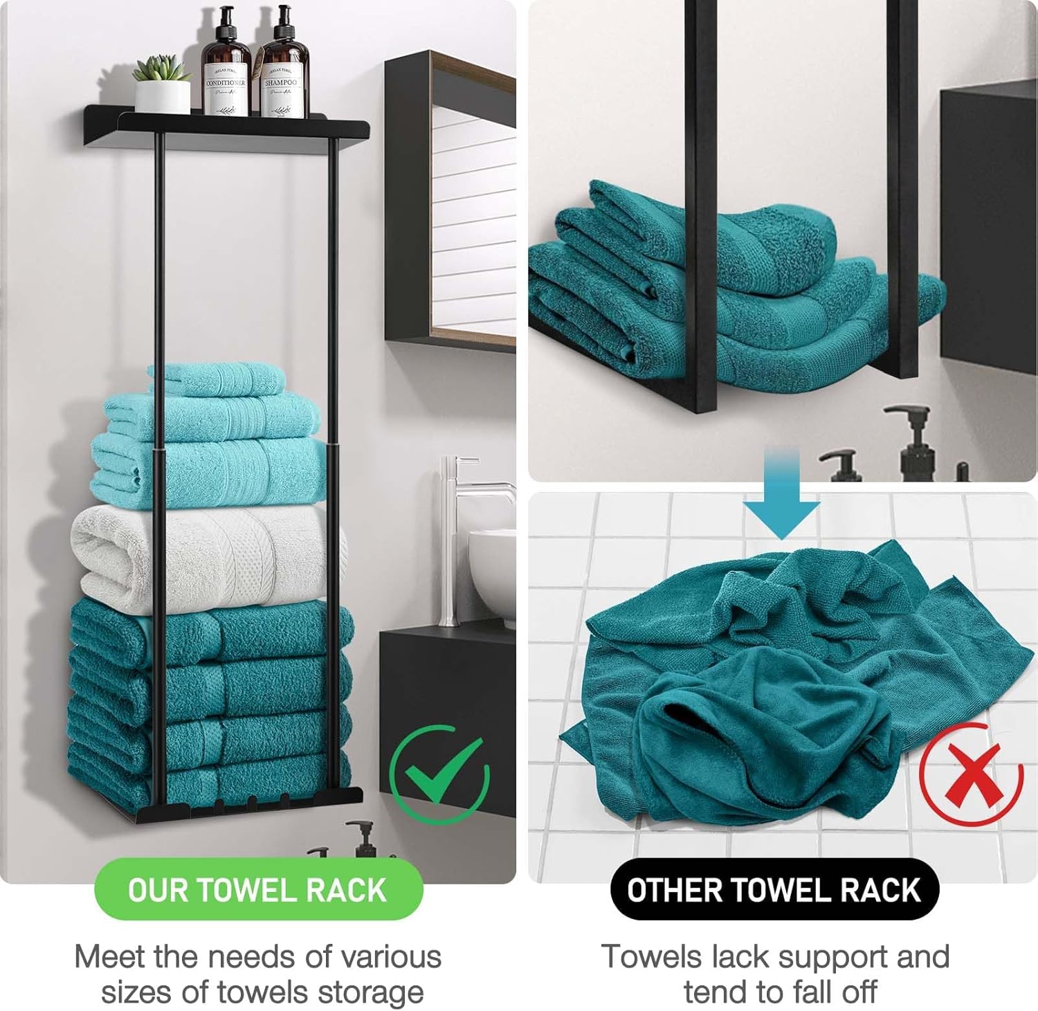 ZHHMl Towel Rack with Shelf for Bathroom Wall Mounted,Retractable Height Metal Bath Towel Rack with Reliable Hooks Storage for Rolled Towel(Black) - Image 5