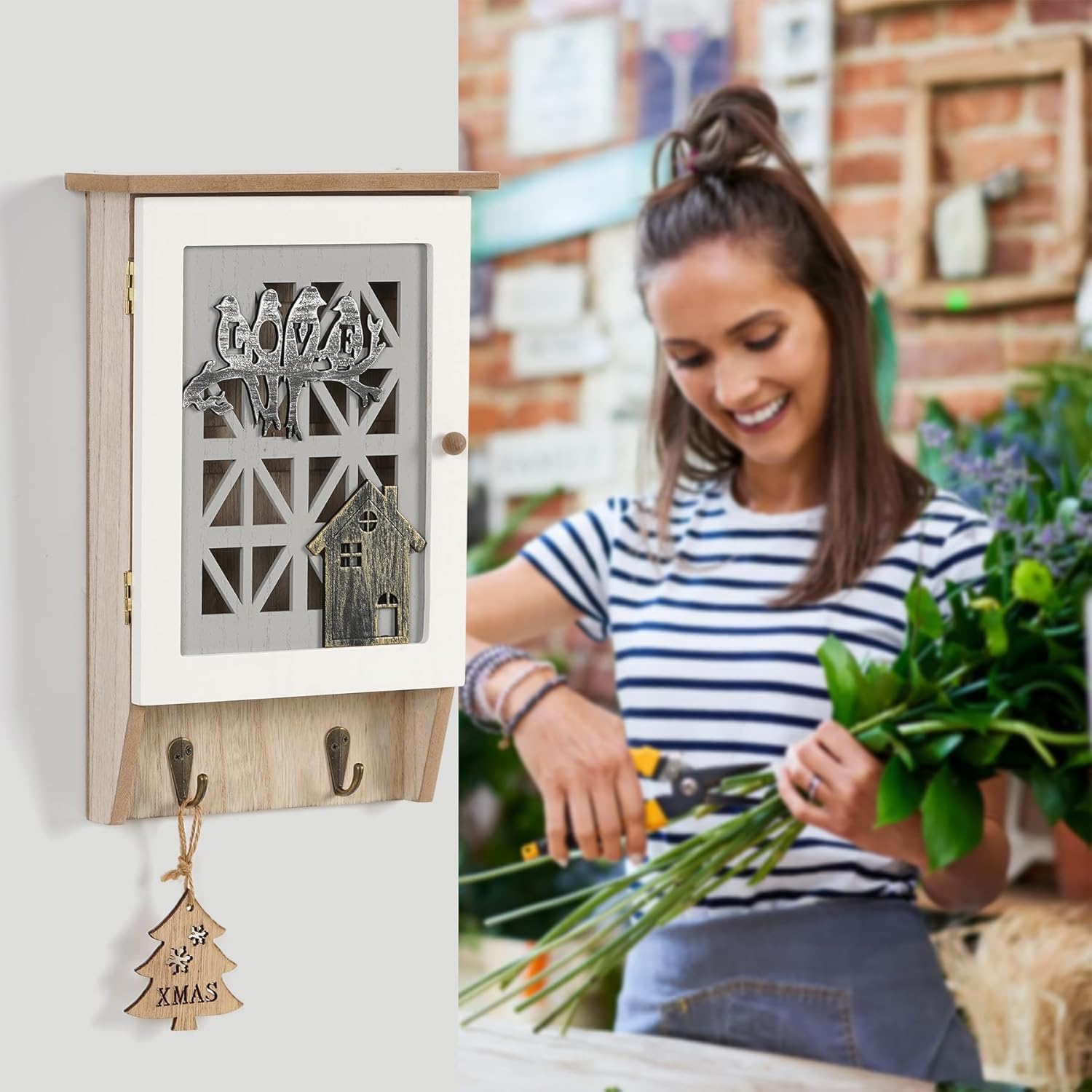 Azonee Wooden Key Holder for Wall, Key Cabinet Rustic Decorative Key Storage Box Key Hangers with 8 Hooks for Home Decor Office Entryway Hallway Bedroom Living Room - Image 5