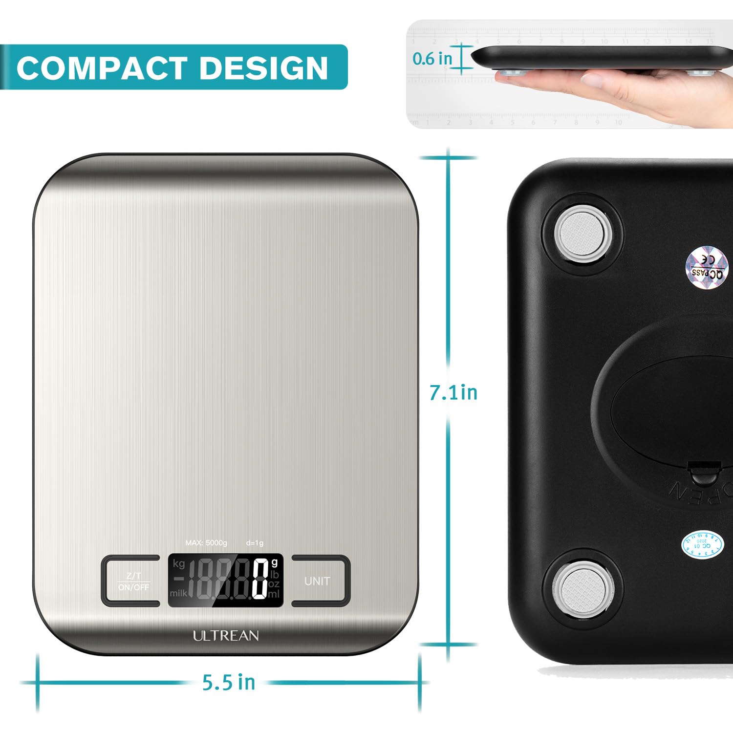 Ultrean Digital Food Scale, High Precision Kitchen Scale, Measures in Grams and Ounces for Cooking and Baking, 5 Units with Tare Function, Stainless Surface (Batteries Included) - Silver - Image 7