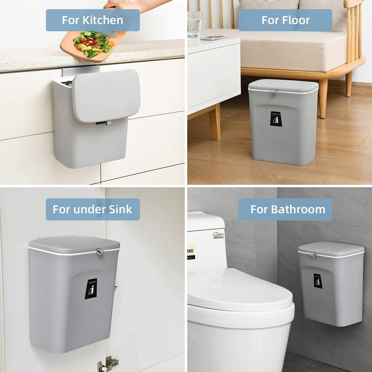 Kitchen Trash Can for Countertop or Under Sink, Mountable Indoor Composter,Hanging Small Trash Can with Lid for Cabinets/Bathroom/Bedroom/Office/Camping, 2.4 Gallon (Grey) - Image 2