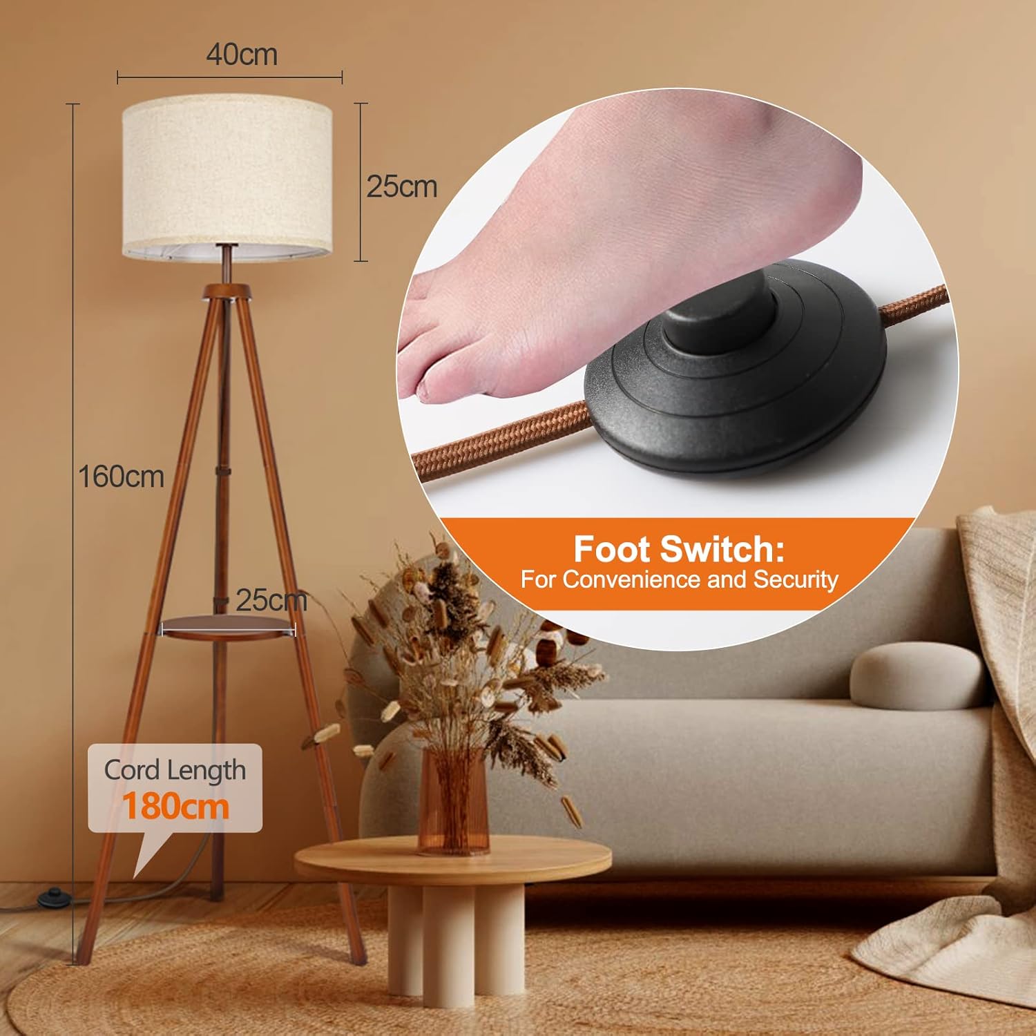 OUTON Wooden Tripod Floor Lamp with Shelf, 4 Colour temperatures Mid Century Dimmable Floor Lamp with Remote & Foot Switch, 1H Timer Modern Tall Standing Lamp for Living Room Bedroom Office, Walnut - Image 5