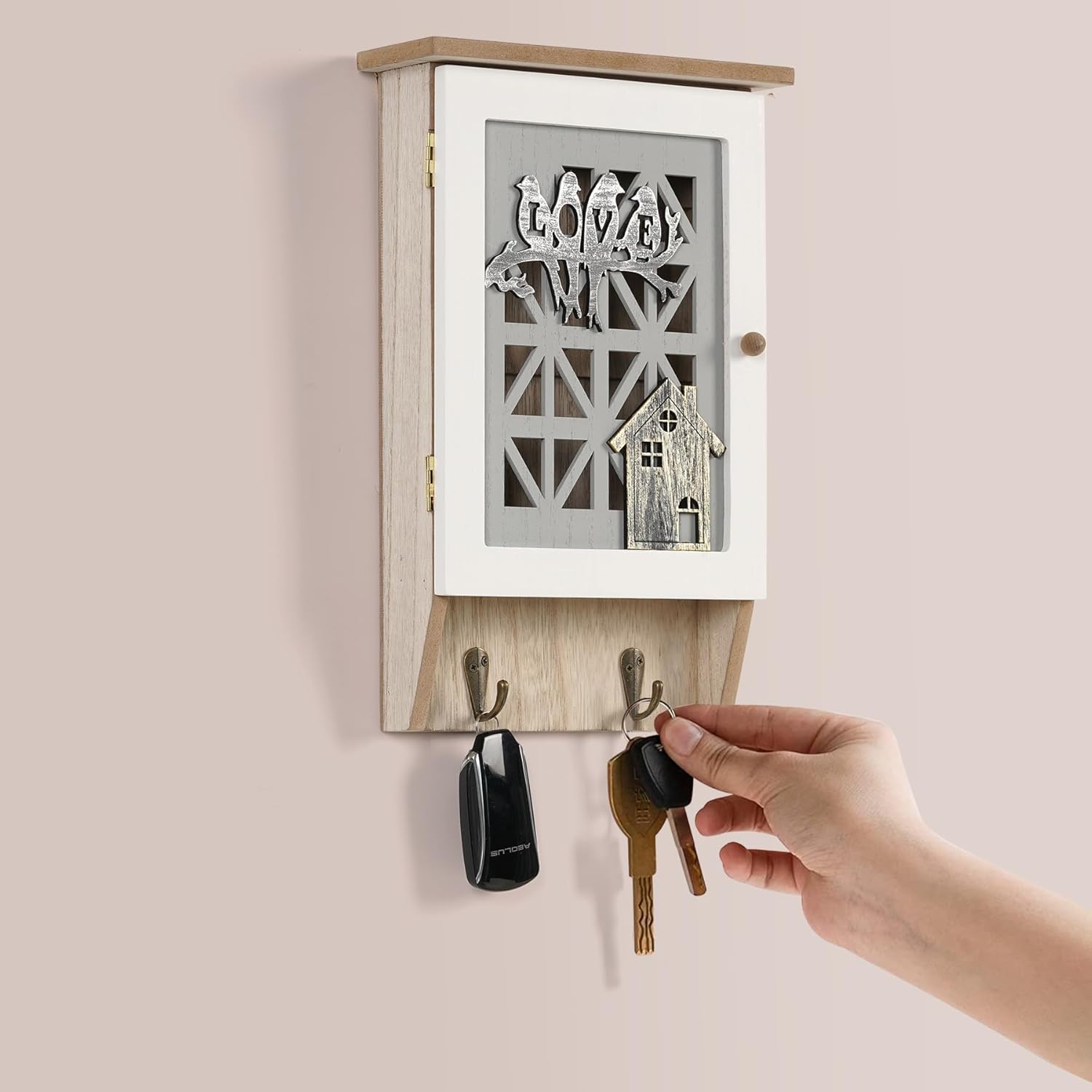 Azonee Wooden Key Holder for Wall, Key Cabinet Rustic Decorative Key Storage Box Key Hangers with 8 Hooks for Home Decor Office Entryway Hallway Bedroom Living Room - Image 7