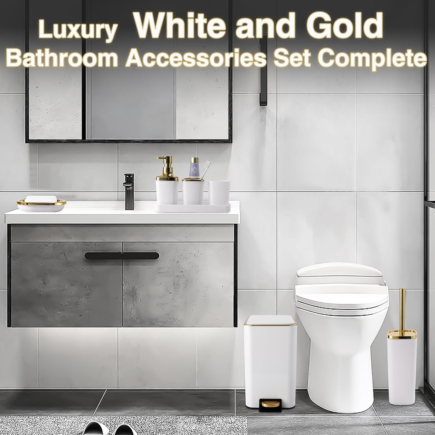 White Bathroom Accessories Set 8 Piece White and Gold Bathroom Set, Bathroom Sets with Stainless Steel Trash Can,Toilet Brush,Toothbrush Set,Soap Dispenser - Image 5