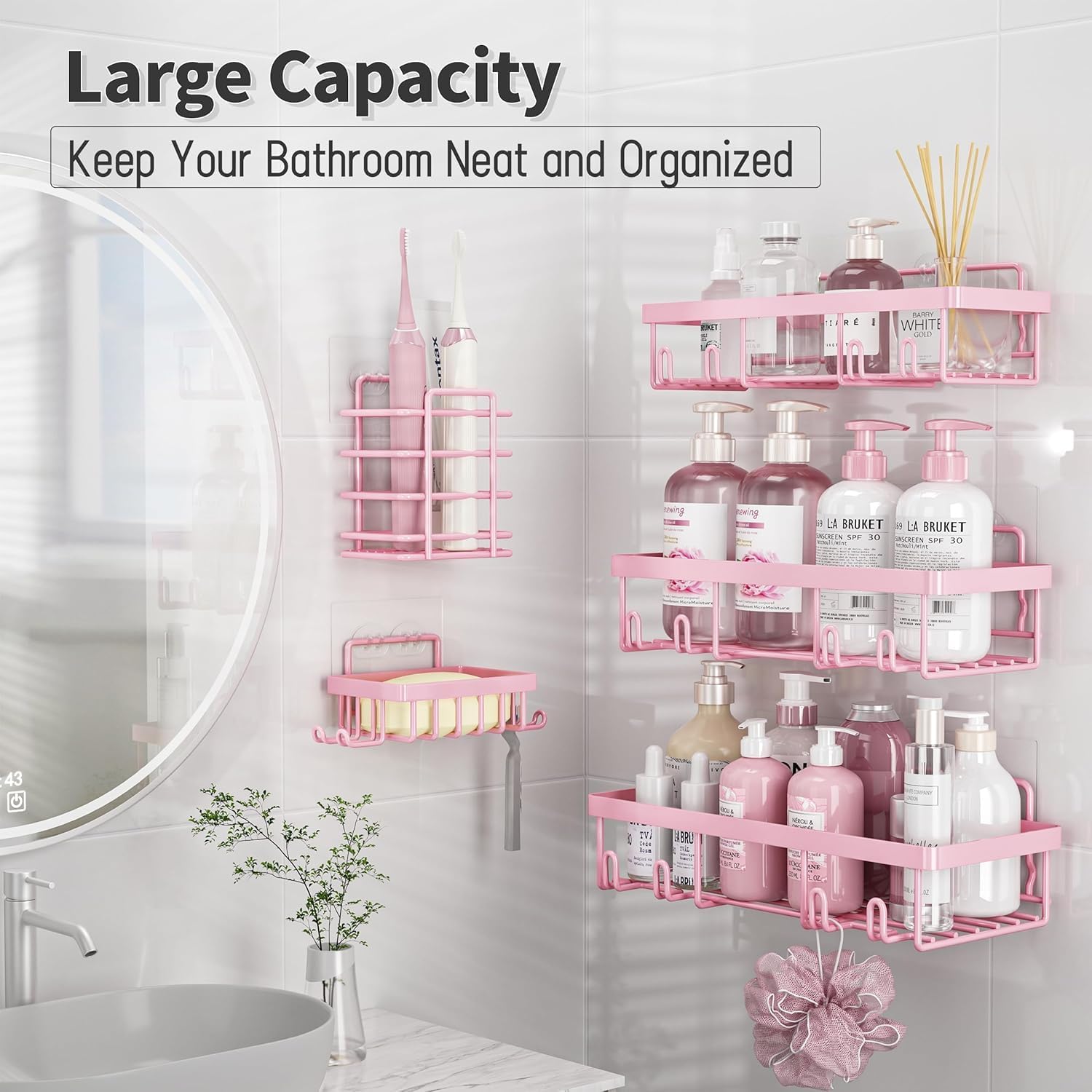 Rustproof & Waterproof Shower Caddy 5-Pack, No Drilling Adhesive Shelves Rack with Soap Holder, Large Capacity Bathroom Organizers and Storage, Girly Bathroom Accessory Decor Set, Pink - Image 2