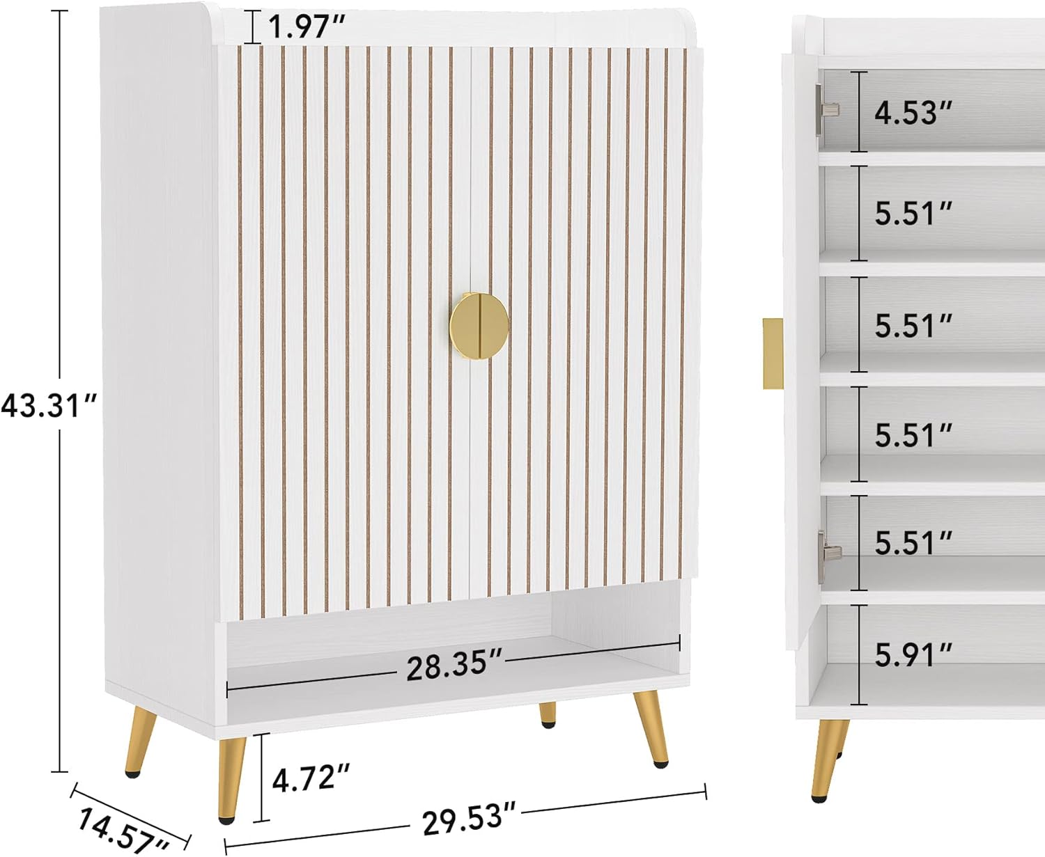 Tribesigns Shoe Cabinet with Doors, 6-Tier Shoe Storage Cabinet with Adjustable Shelves, Wooden Shoes Rack Shoe Storage Organizer for Entryway, Hallway, Closet, Living Room, White & Gold - Image 2