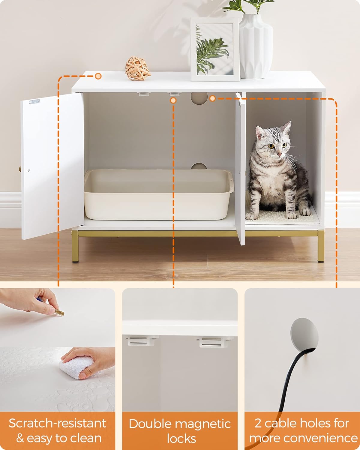 Feandrea Litter Box Enclosure, Modern Cat Litter Box Furniture Hidden, with Scratching Mat, Tall Legs, Cat House, Side End Table, 31.5 x 19.7 x 21.7 Inches, White and Gold UPCL007W01 - Image 9