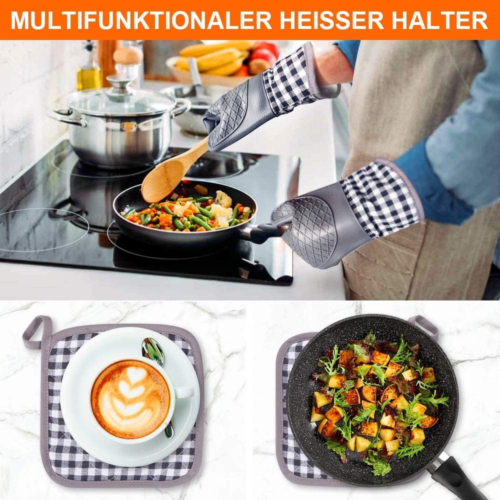 Oven Mitts and Pot Holders 4pcs Set, Kitchen Oven Gloves, Heat-Resistant Baking Gloves, Non Slip Silicone Gloves for Cooking and Barbecue (Gray) - Image 6