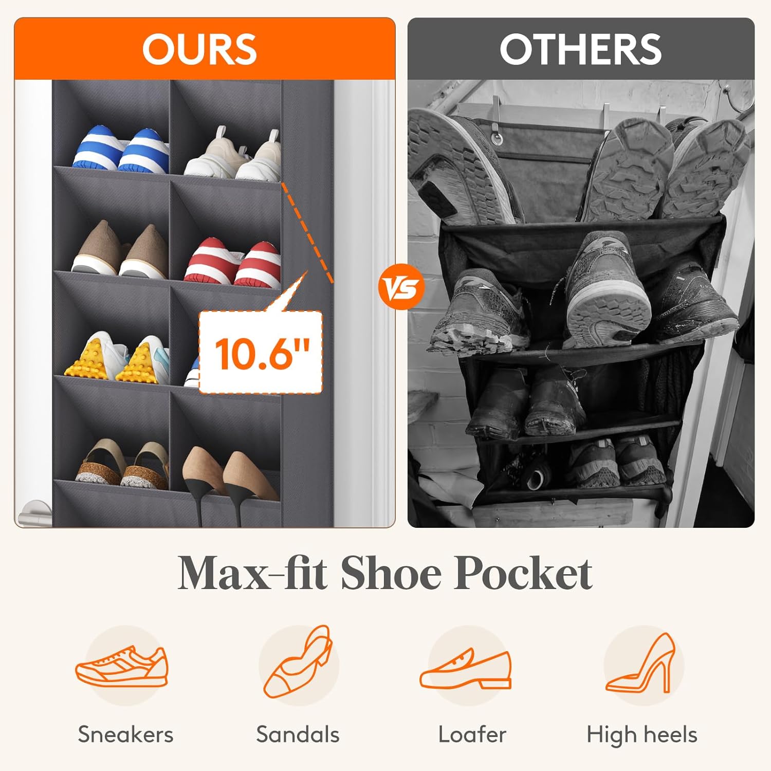 Lifewit Over the Door Shoe Organizers, 1 Pack Hanging Shoe Rack with 11 Pockets, 5 Layers Shoe Holder for Closet Door Storage Includes Boots, Toys, Water Bottles, Daily Necessities, Grey - Image 3