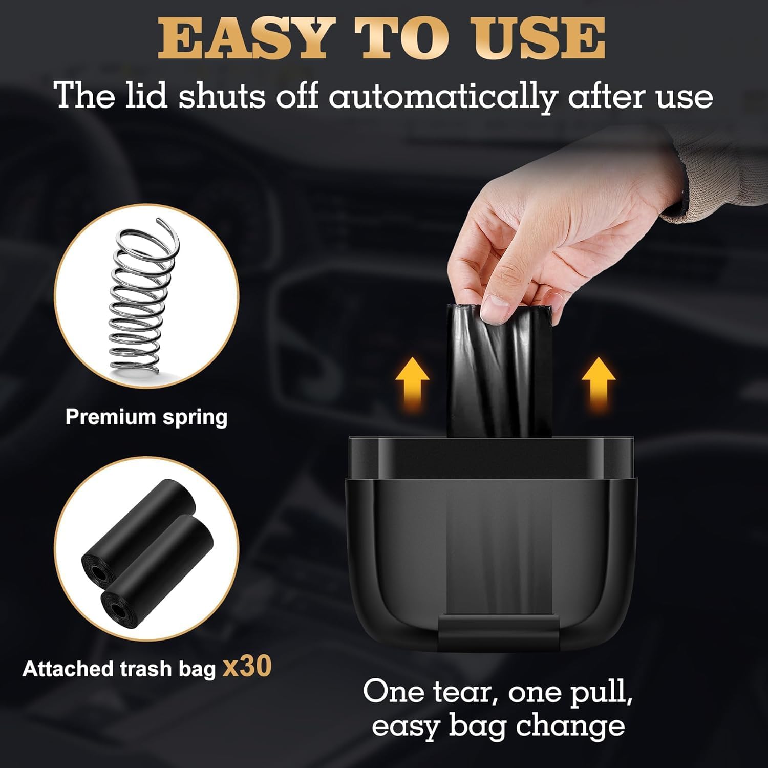 Azonee Car Trash Can with Lid, Built-in Storage Garbage Bag, Leakproof Vehicle Trash, Car Accessories for Interior, Mini Garbage Bin for Automotive Home Office Kitchen Bedroom with 30pcs Trash Bags - Image 5