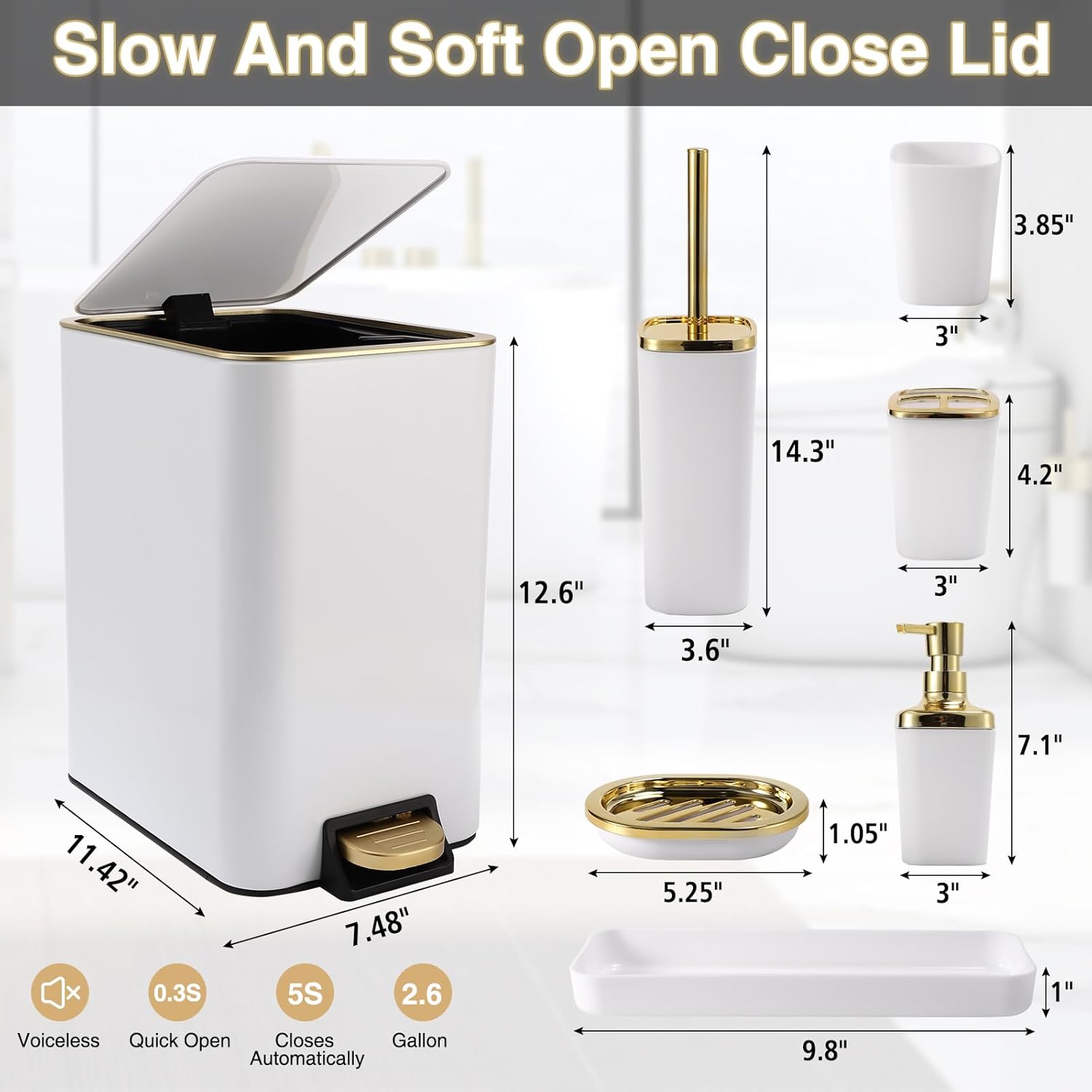 White Bathroom Accessories Set 8 Piece White and Gold Bathroom Set, Bathroom Sets with Stainless Steel Trash Can,Toilet Brush,Toothbrush Set,Soap Dispenser - Image 6