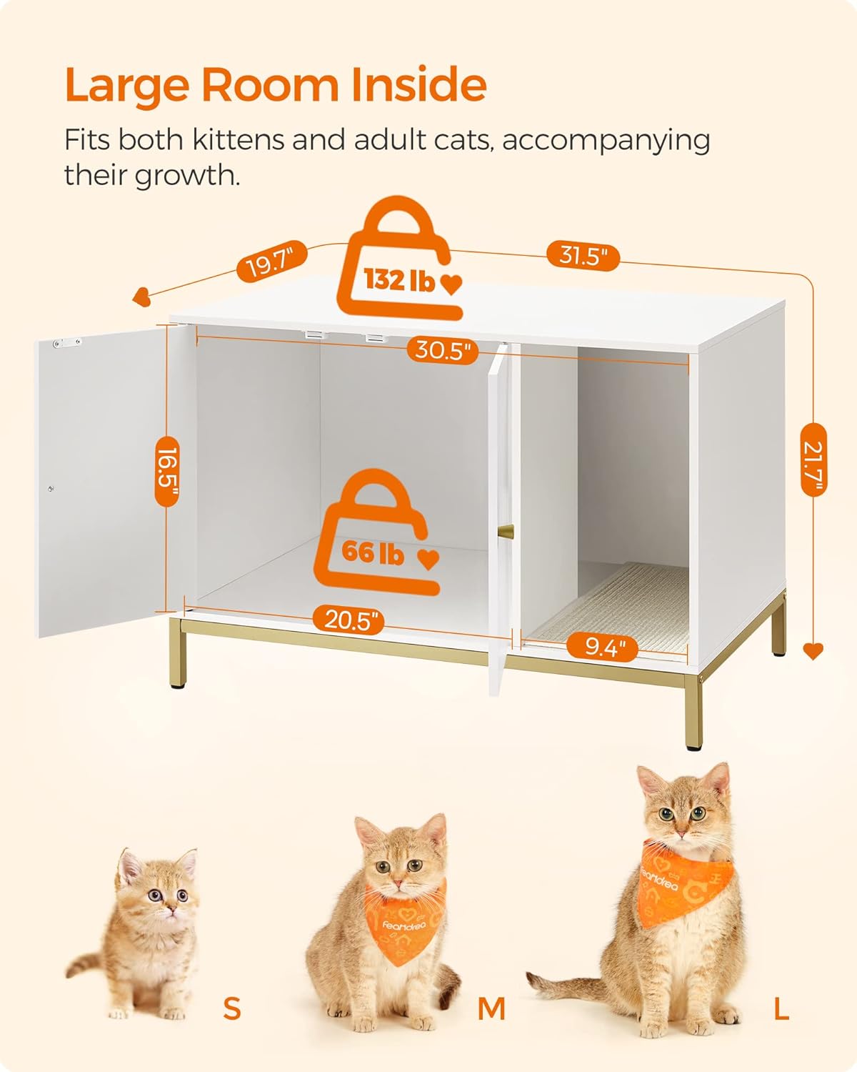 Feandrea Litter Box Enclosure, Modern Cat Litter Box Furniture Hidden, with Scratching Mat, Tall Legs, Cat House, Side End Table, 31.5 x 19.7 x 21.7 Inches, White and Gold UPCL007W01 - Image 5