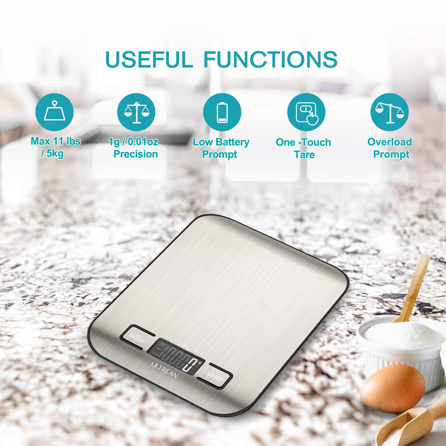 Ultrean Digital Food Scale, High Precision Kitchen Scale, Measures in Grams and Ounces for Cooking and Baking, 5 Units with Tare Function, Stainless Surface (Batteries Included) - Silver - Image 3
