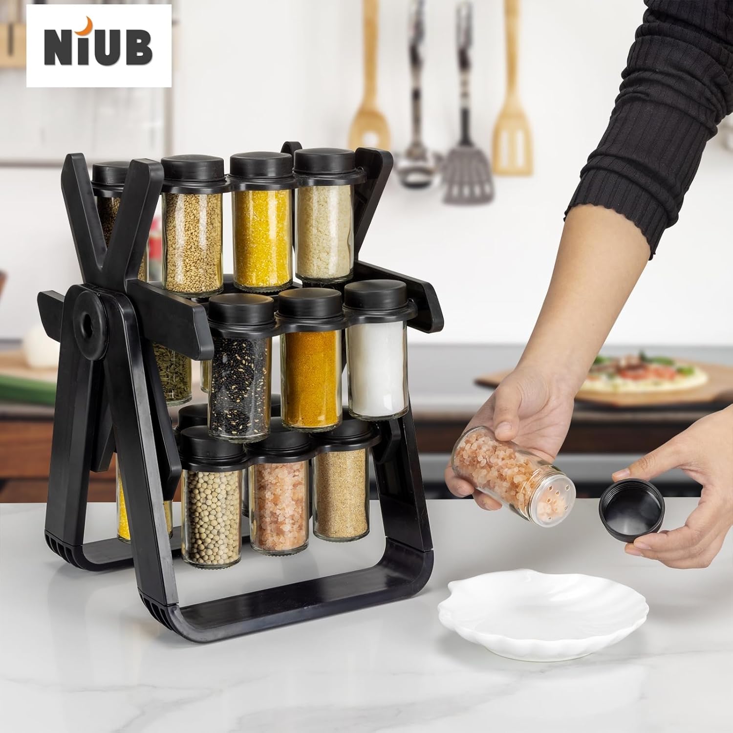 Rotating Spice Rack, Revolving Ferris Wheel Countertop Spice Organization with 18 Plastic Spice Jars, Countertop Spice Storage Rack for Families Kitchen - Image 7
