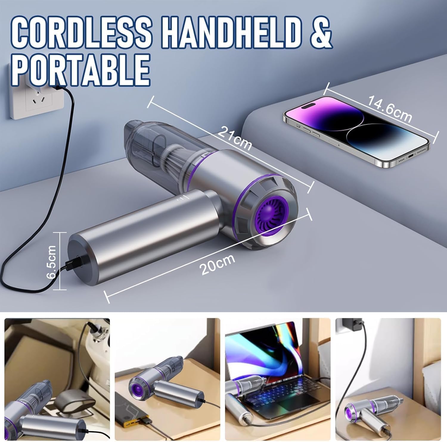 SKY-TOUCH Portable Handheld Cordless Vacuum Cleaner & Air Duster,16000PA Wireless Mini Vacuum Cleaner 4-in-1 Compressed Air Duster & Air Blower & Pump for Camping, Home, Car, Office, Pets - - Image 5