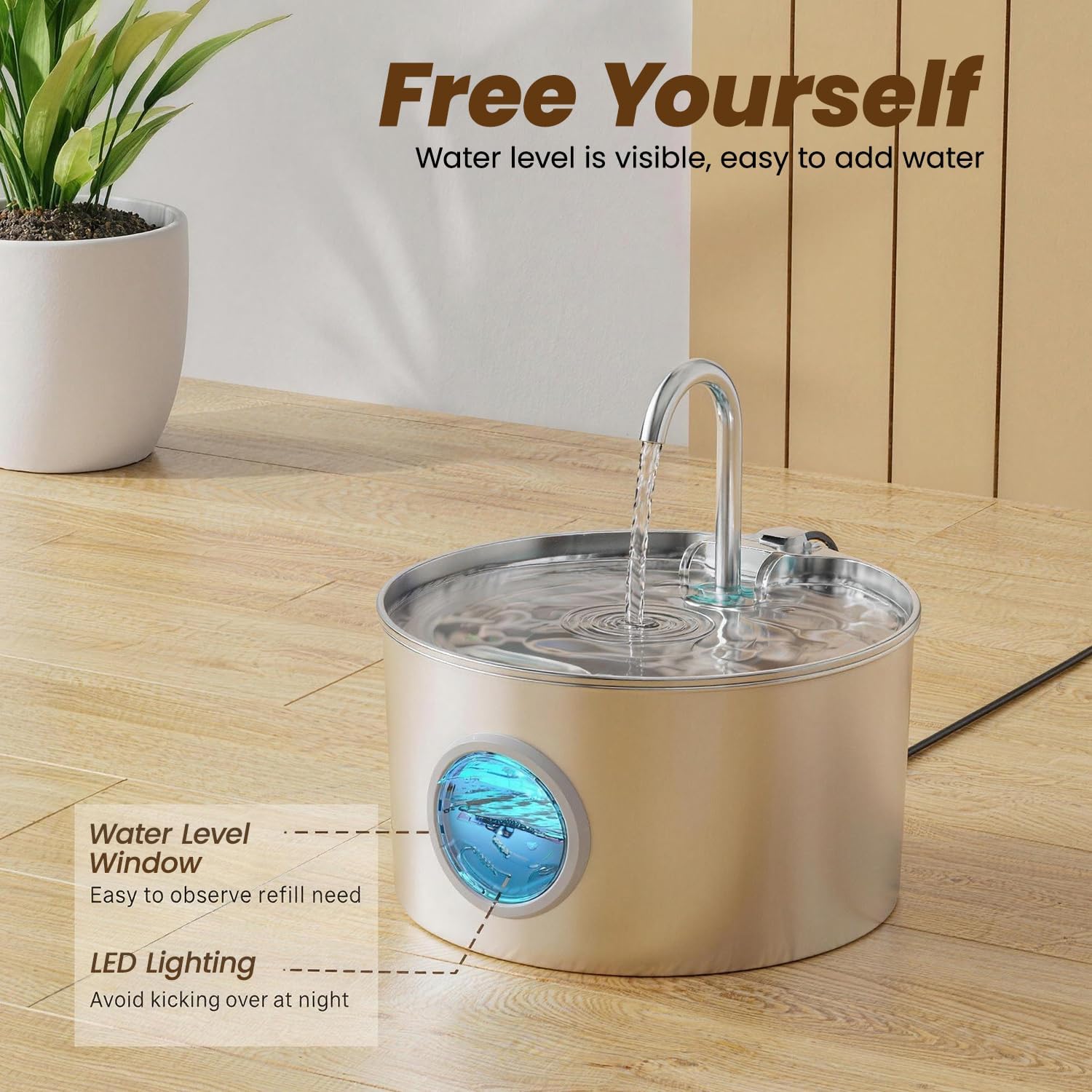Cat Water Fountain,Stainless Steel Pet Fountain with Water Level Window 3.2L Large Capacity, Cat Drinking Fountain Indoor - Image 4