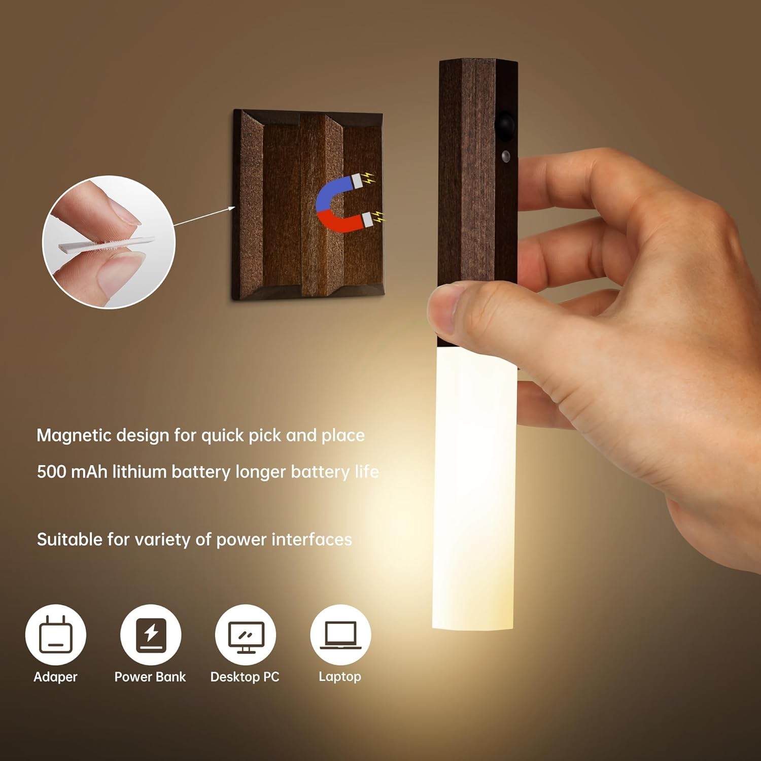 Motion Sensor Light Indoor, Stick on Motion Wall Light Wooden Wall Sconce wooden LED Wall Sconce Indoor Rechargeable Wooden Wall Light for Hallway, Stair, Closet, Shelf, Bathroom, Kitchen (Walnut) - Image 2
