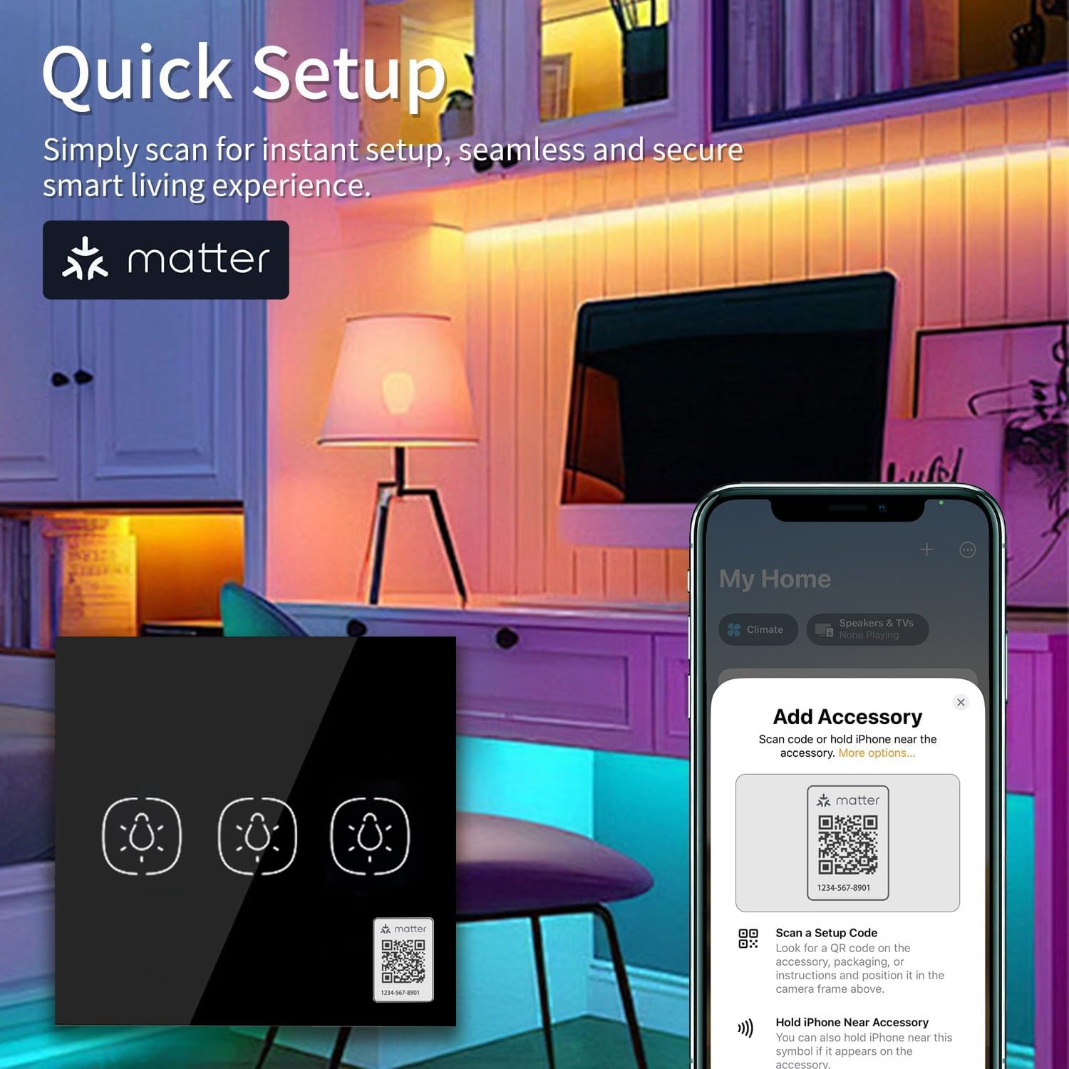 Matter Smart Light Switch, Smart WiFi Light Switches Compatible with Apple Home/Google Home/Alexa/Siri,2.4G Only, Neutral Wire Needed (1 Gang, Black) - Image 3