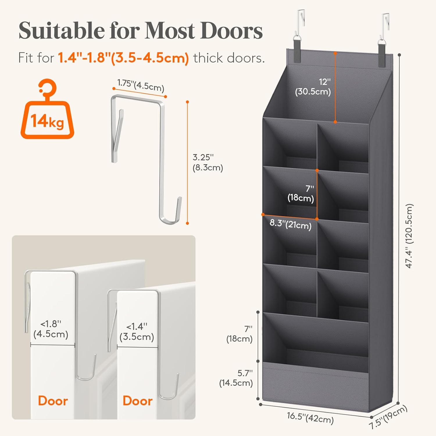 Lifewit Over the Door Shoe Organizers, 1 Pack Hanging Shoe Rack with 11 Pockets, 5 Layers Shoe Holder for Closet Door Storage Includes Boots, Toys, Water Bottles, Daily Necessities, Grey - Image 2