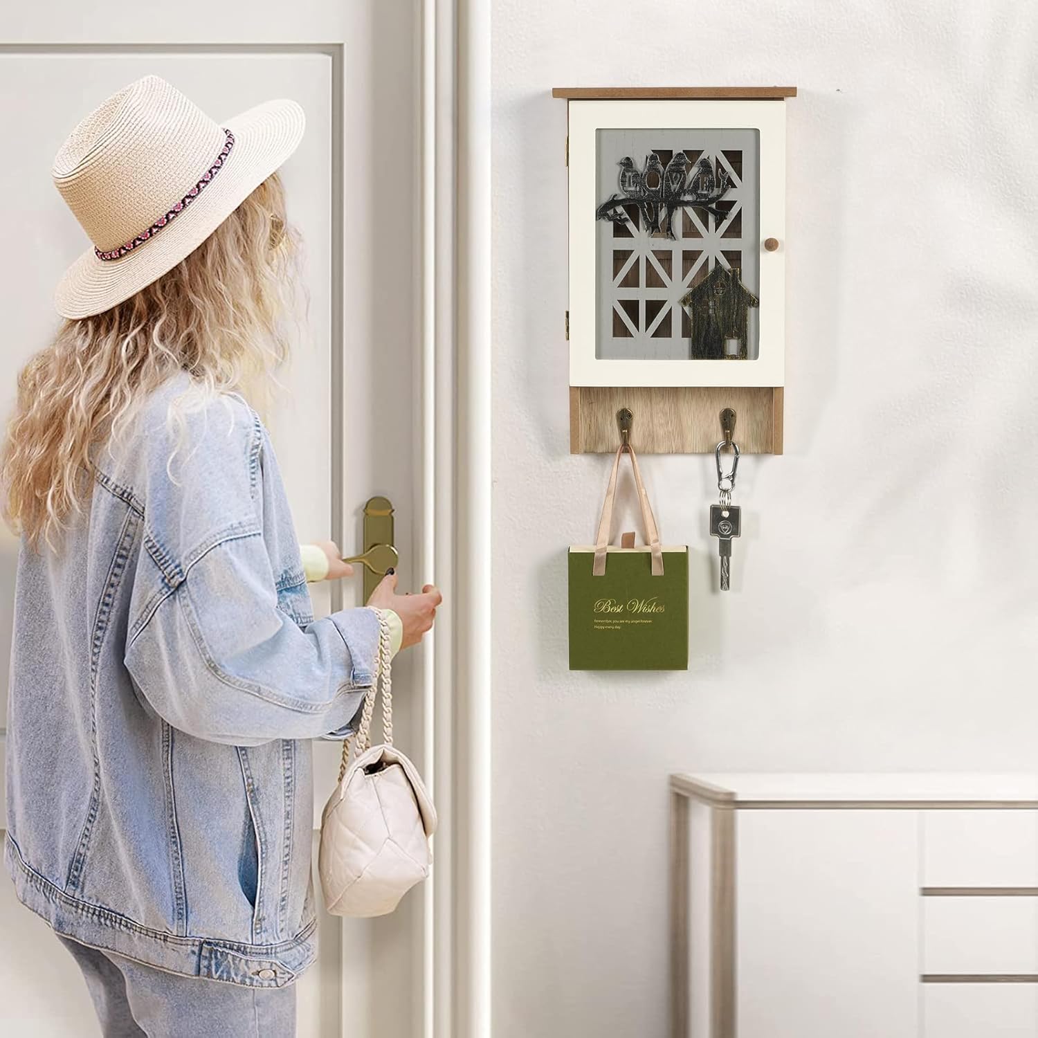 Azonee Wooden Key Holder for Wall, Key Cabinet Rustic Decorative Key Storage Box Key Hangers with 8 Hooks for Home Decor Office Entryway Hallway Bedroom Living Room - Image 4