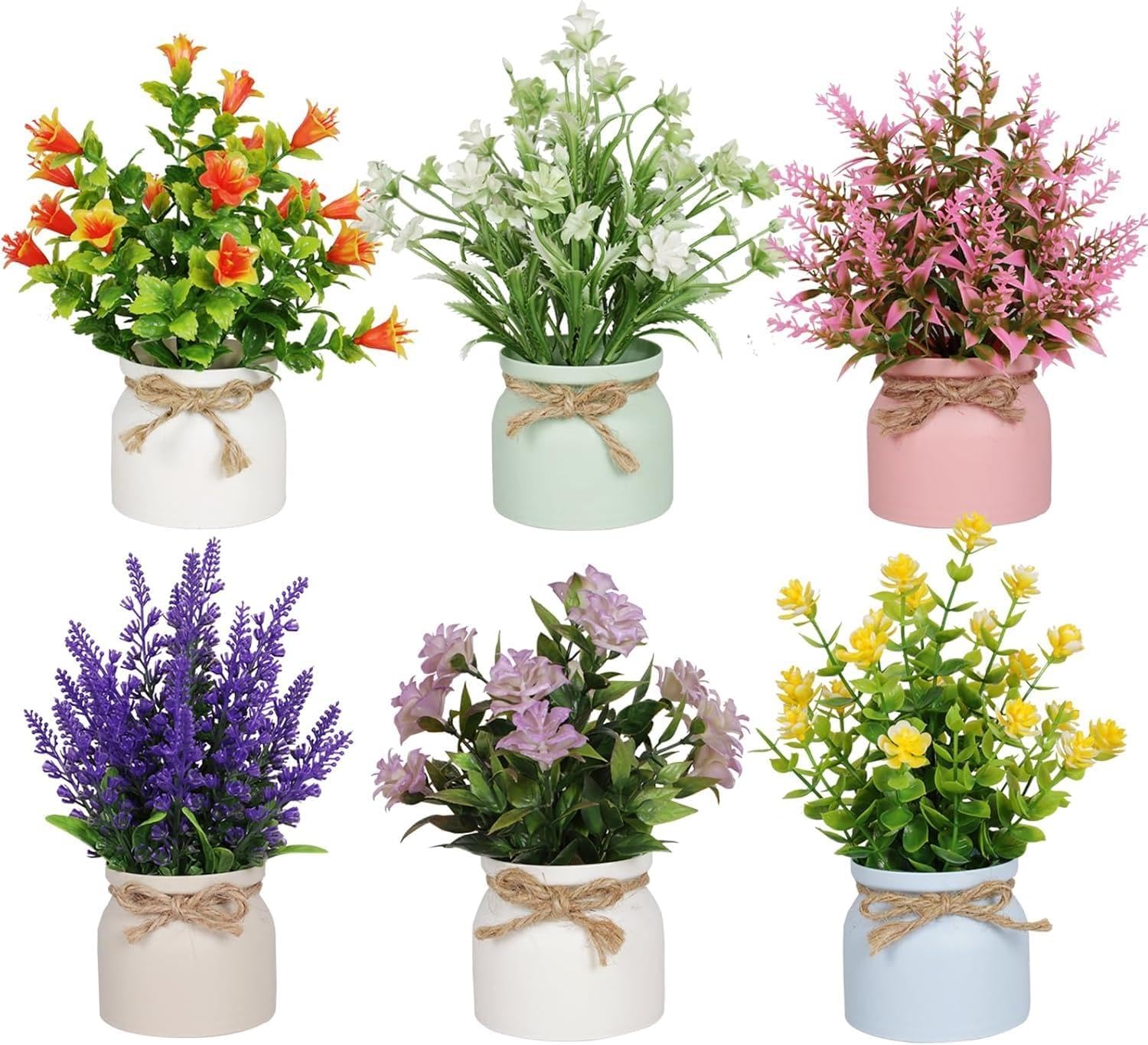 ALMEKAQUZ 6Pcs Artificial Pot Flowers, Small Fake Plants with Pot, Mini Potted Plants for House, Office, Tabletop Decoration
