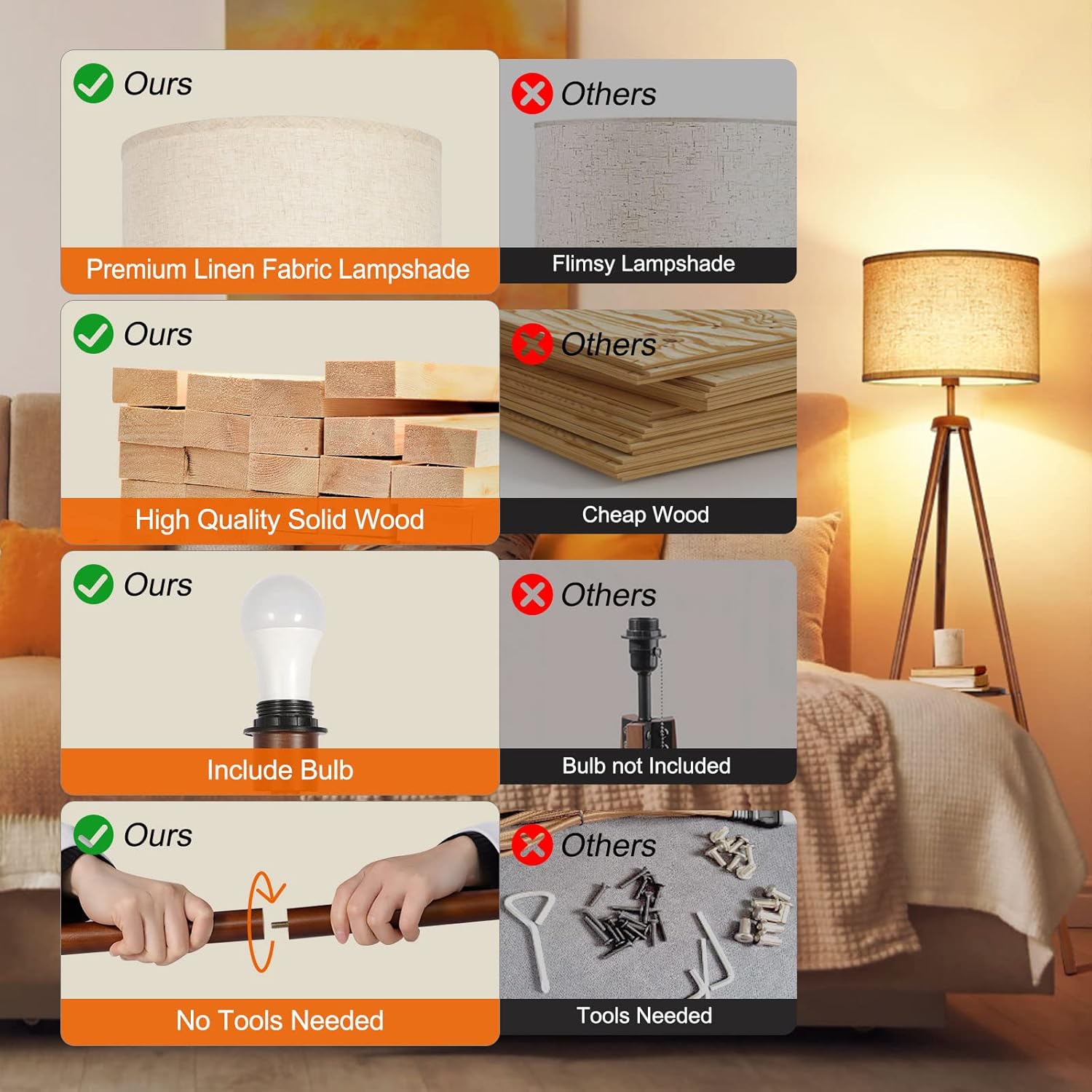 OUTON Wooden Tripod Floor Lamp with Shelf, 4 Colour temperatures Mid Century Dimmable Floor Lamp with Remote & Foot Switch, 1H Timer Modern Tall Standing Lamp for Living Room Bedroom Office, Walnut - Image 3
