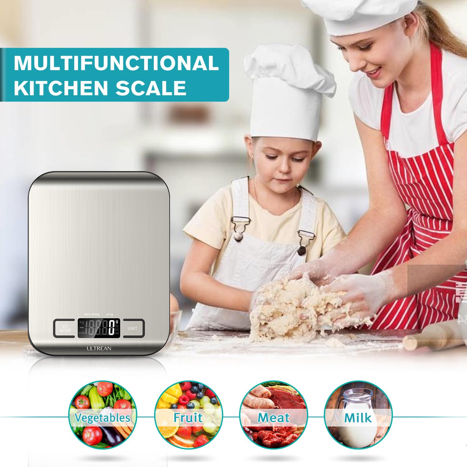 Ultrean Digital Food Scale, High Precision Kitchen Scale, Measures in Grams and Ounces for Cooking and Baking, 5 Units with Tare Function, Stainless Surface (Batteries Included) - Silver - Image 6