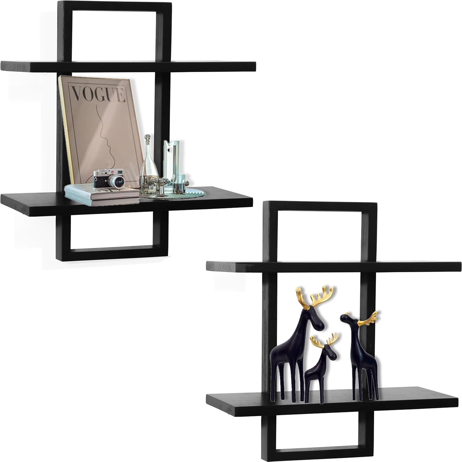 PHOENANCEE Floating Shelves for Wall,Display Hanging Shelf Set of 2,Modern Decorative Plants Shelves,Wood Home Decor Storage Chic for Living Room Bedroom Bathroom Office,Oak Frame,2-Tier Black