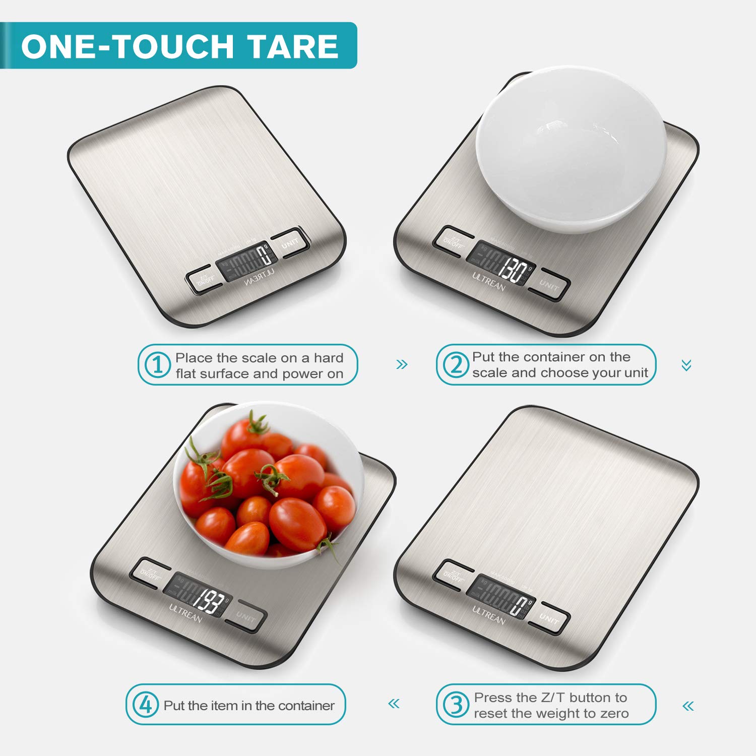 Ultrean Digital Food Scale, High Precision Kitchen Scale, Measures in Grams and Ounces for Cooking and Baking, 5 Units with Tare Function, Stainless Surface (Batteries Included) - Silver - Image 5