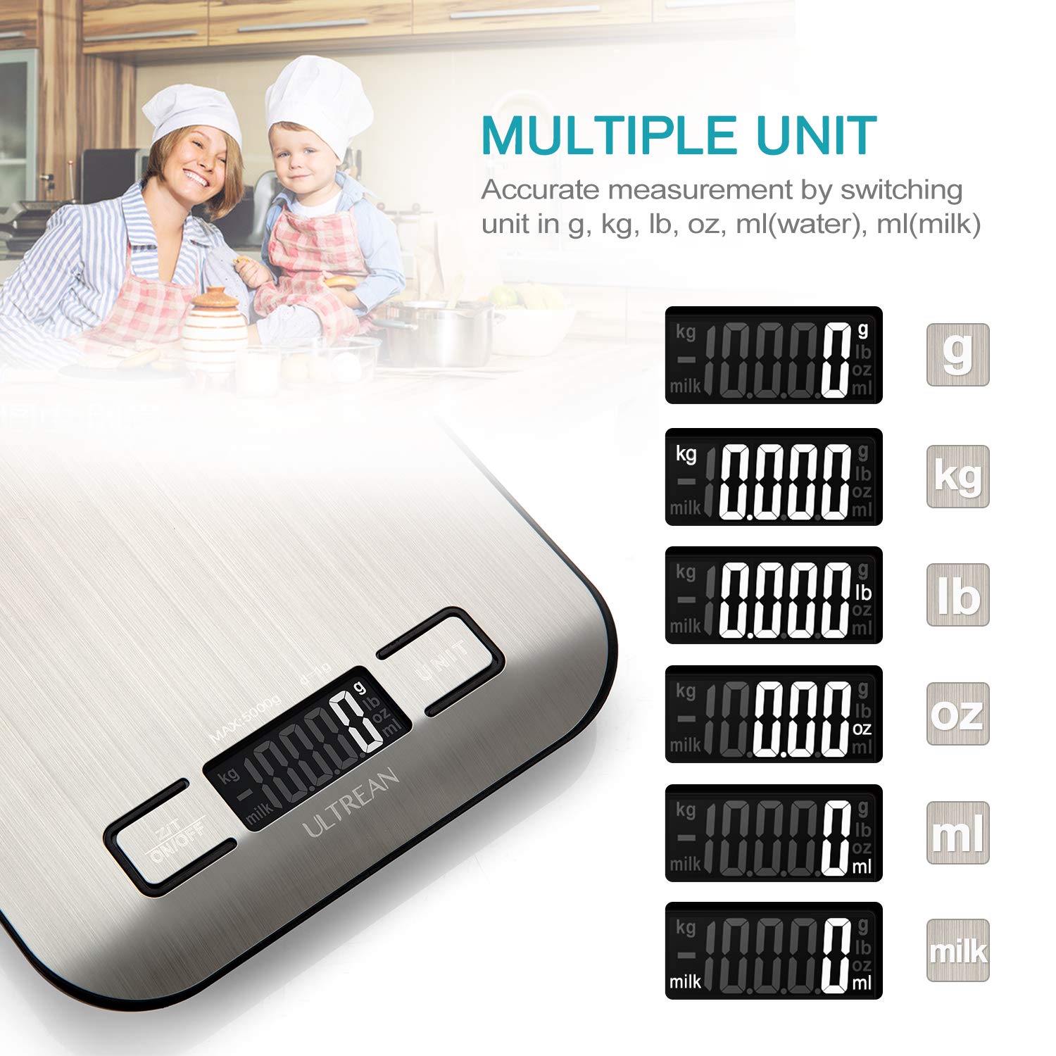 Ultrean Digital Food Scale, High Precision Kitchen Scale, Measures in Grams and Ounces for Cooking and Baking, 5 Units with Tare Function, Stainless Surface (Batteries Included) - Silver - Image 2