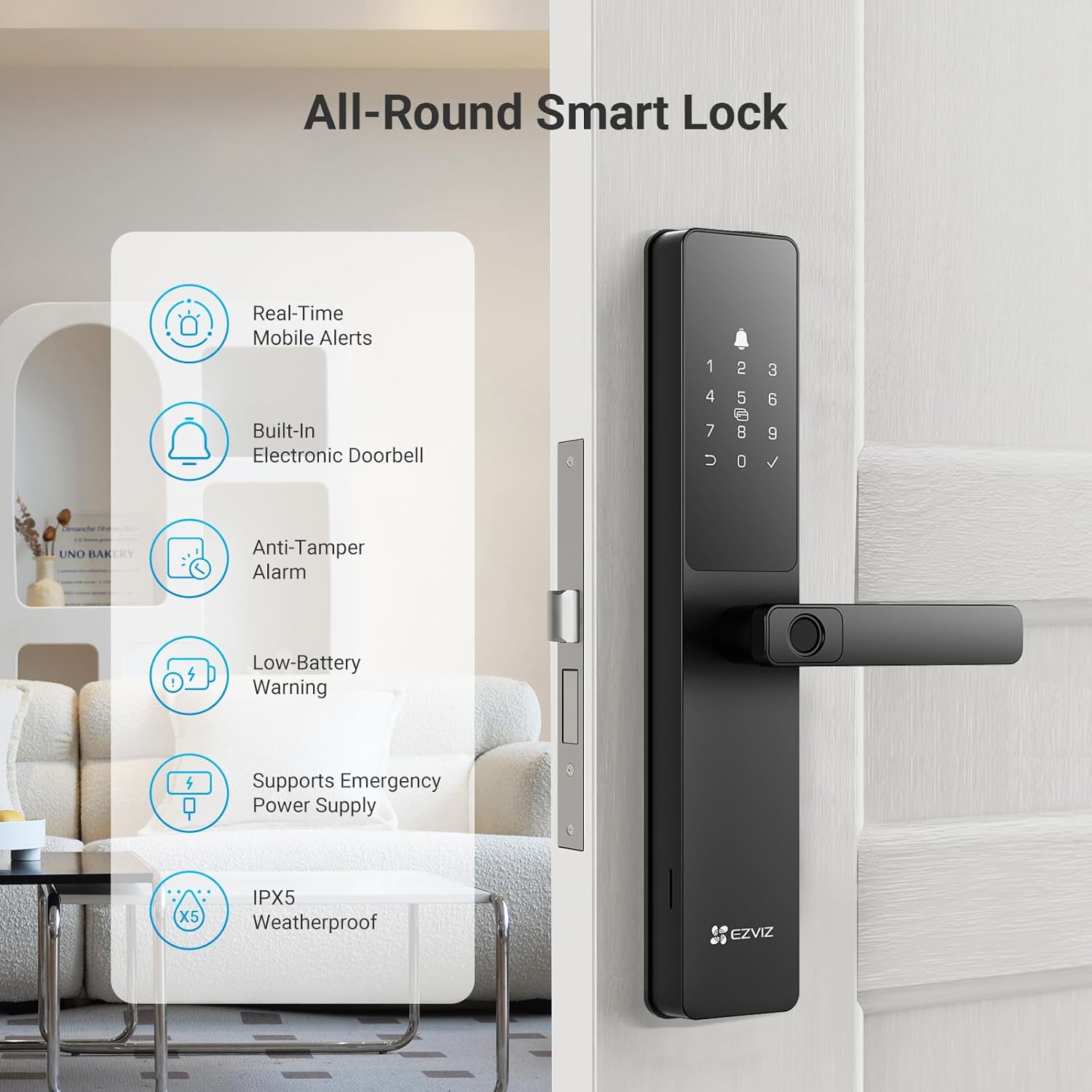 EZVIZ Smart Lock Y2000, 7-in-1 Smart Door Lock & Keyless Entry Door Lock, Built-in Wifi Fingerprint Access, Weather-Resistant, Child Safety Lock for Home, Apartment, Villa, Office, Hotel (5085) - Image 2