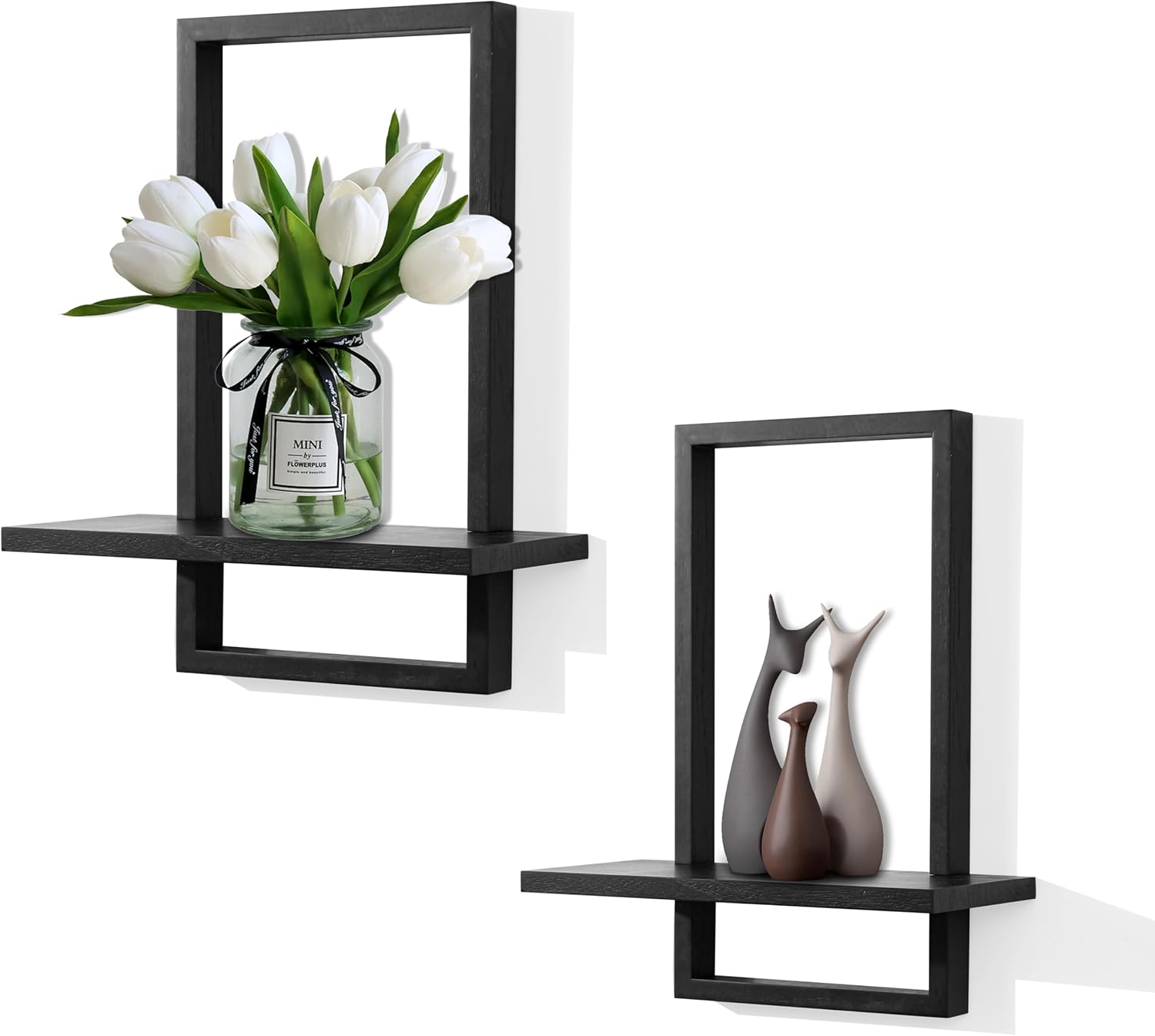 PHOENANCEE Floating Shelves for Wall,Square Storage Shelf Set of 2,Rustic Wood Home Decor Plants Hanging Display Chic for Living Room Bedroom Bathroom Office,Oak Frame (Black)
