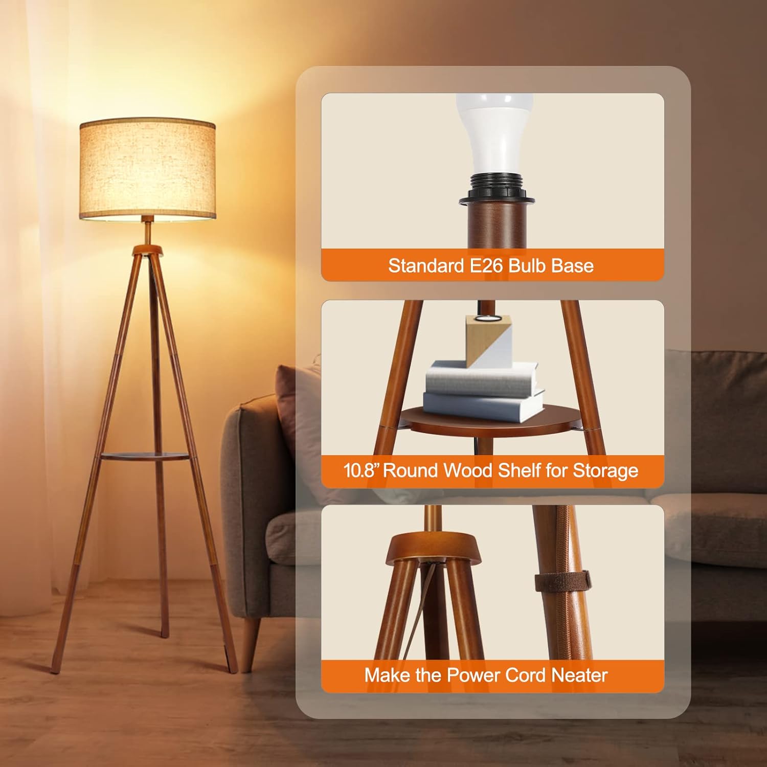 OUTON Wooden Tripod Floor Lamp with Shelf, 4 Colour temperatures Mid Century Dimmable Floor Lamp with Remote & Foot Switch, 1H Timer Modern Tall Standing Lamp for Living Room Bedroom Office, Walnut - Image 6