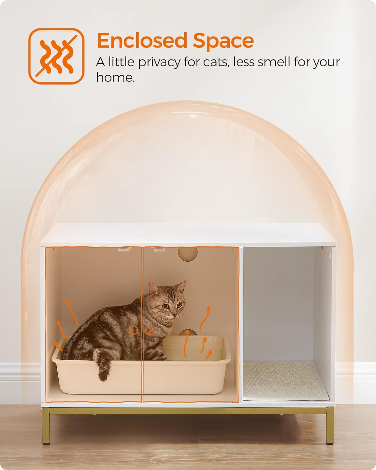 Feandrea Litter Box Enclosure, Modern Cat Litter Box Furniture Hidden, with Scratching Mat, Tall Legs, Cat House, Side End Table, 31.5 x 19.7 x 21.7 Inches, White and Gold UPCL007W01 - Image 3