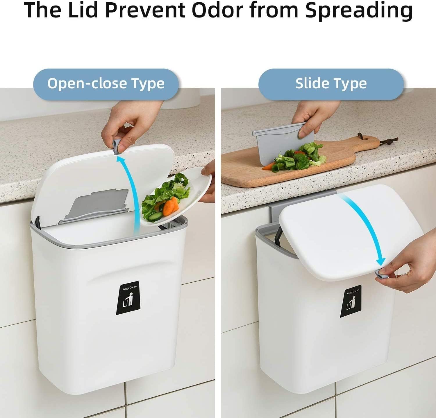 Kitchen Trash Can for Countertop or Under Sink, Mountable Indoor Composter,Hanging Small Trash Can with Lid for Cabinets/Bathroom/Bedroom/Office/Camping, 2.4 Gallon (White) - Image 3