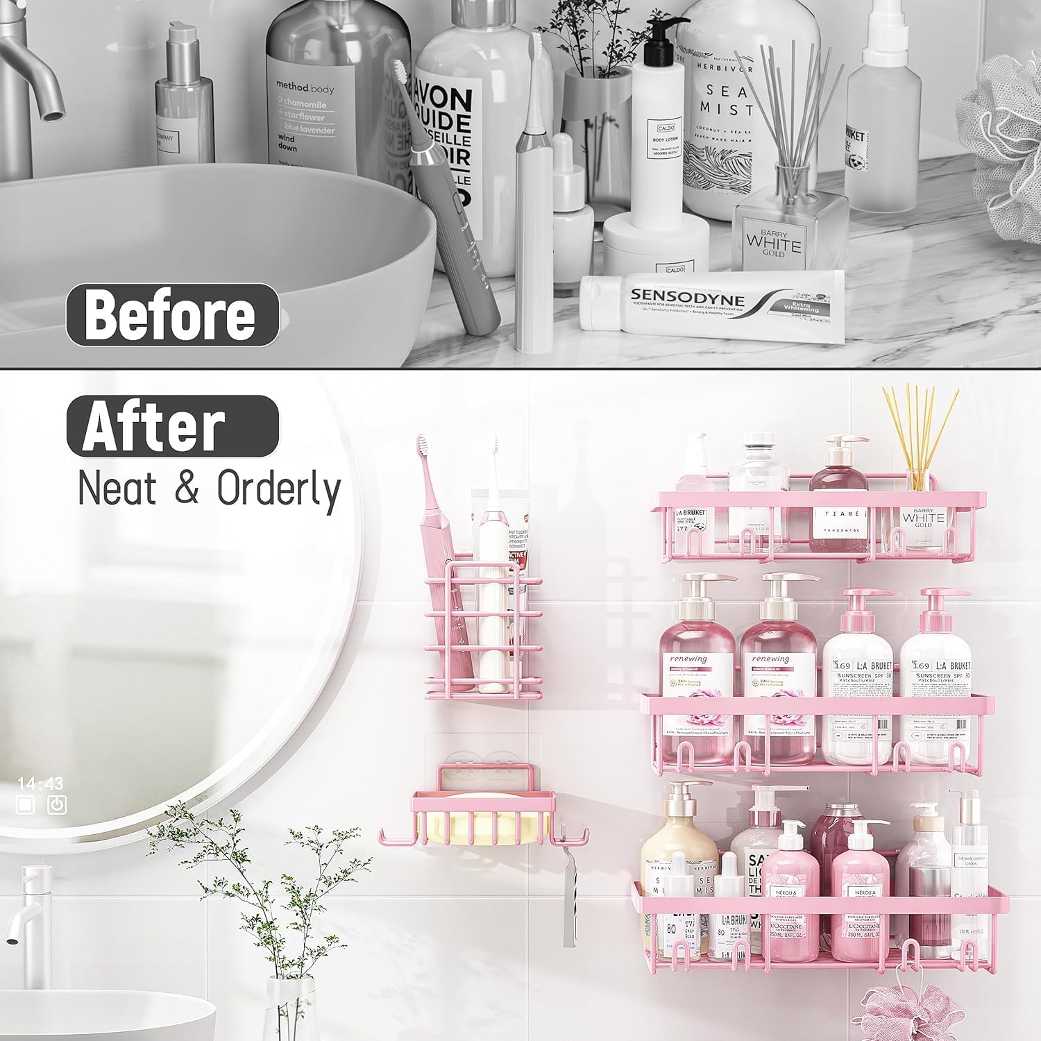 Rustproof & Waterproof Shower Caddy 5-Pack, No Drilling Adhesive Shelves Rack with Soap Holder, Large Capacity Bathroom Organizers and Storage, Girly Bathroom Accessory Decor Set, Pink - Image 5