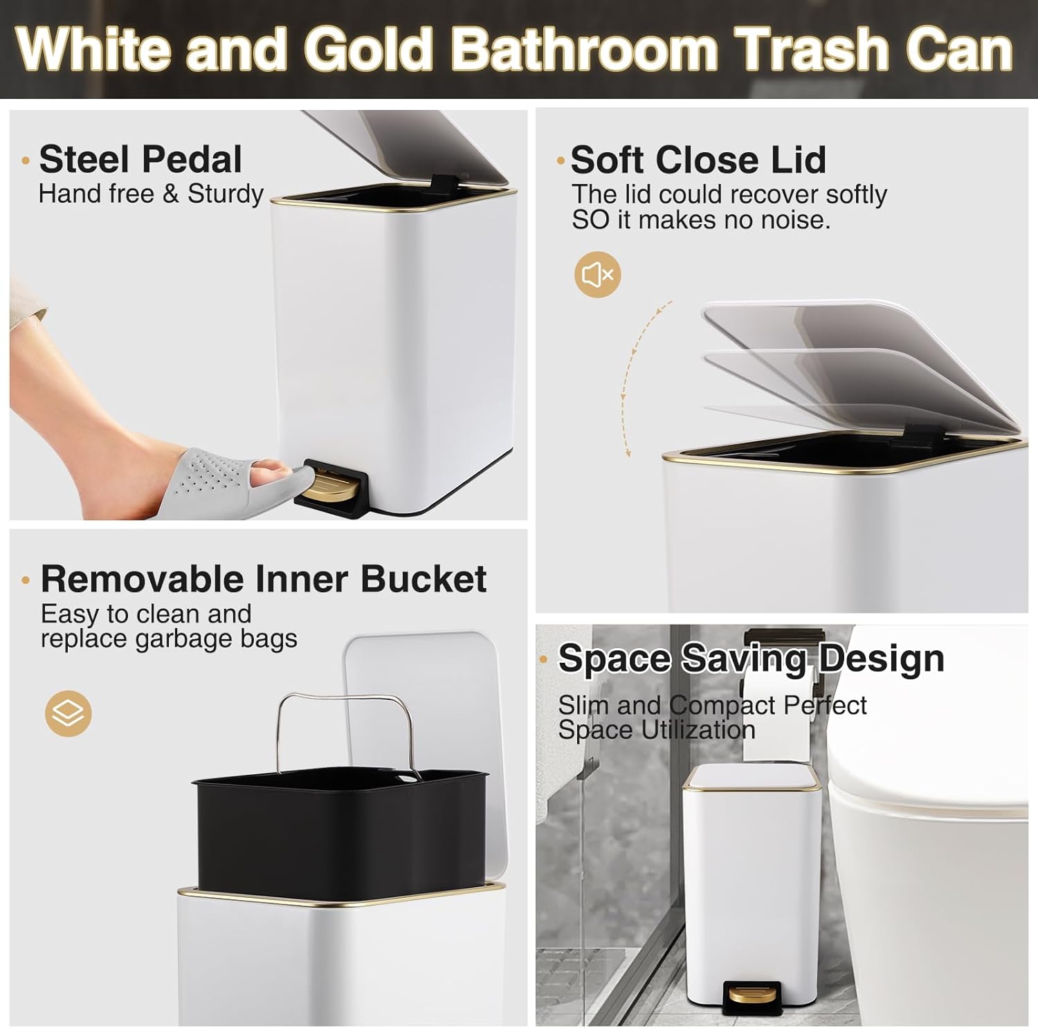 White Bathroom Accessories Set 8 Piece White and Gold Bathroom Set, Bathroom Sets with Stainless Steel Trash Can,Toilet Brush,Toothbrush Set,Soap Dispenser - Image 3